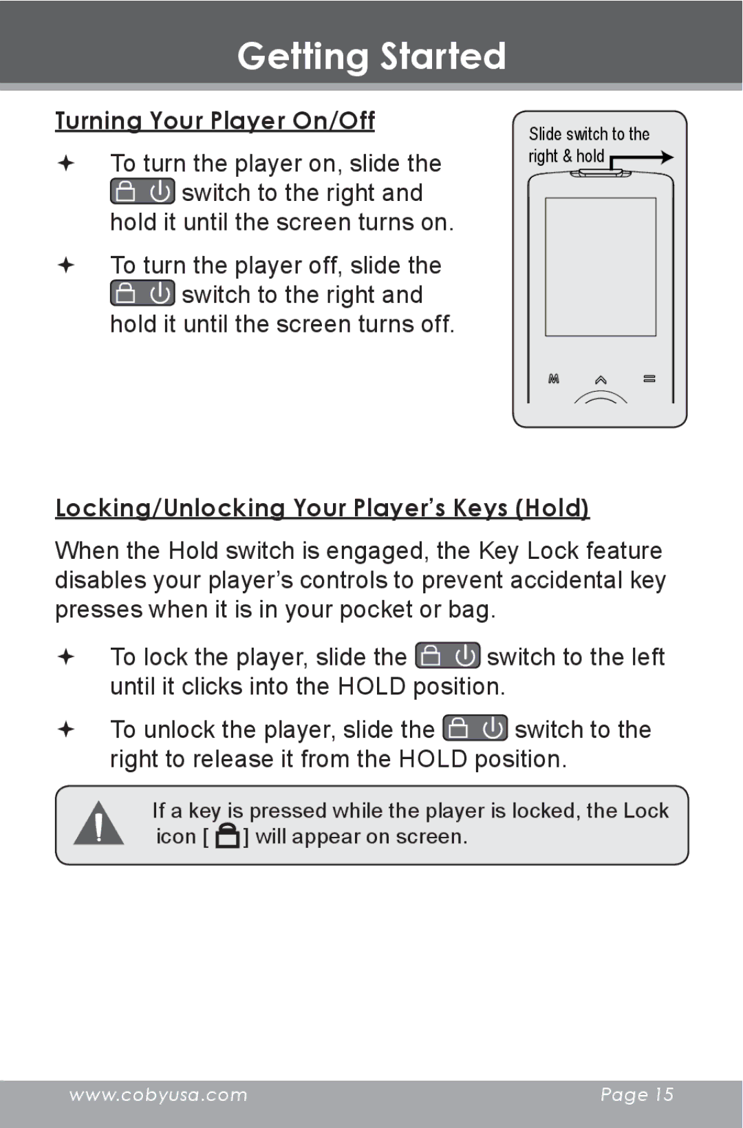 COBY electronic MP-705-2G, MP-705-4G, MP-705-1G Turning Your Player On/Off, Locking/Unlocking Your Player’s Keys Hold 