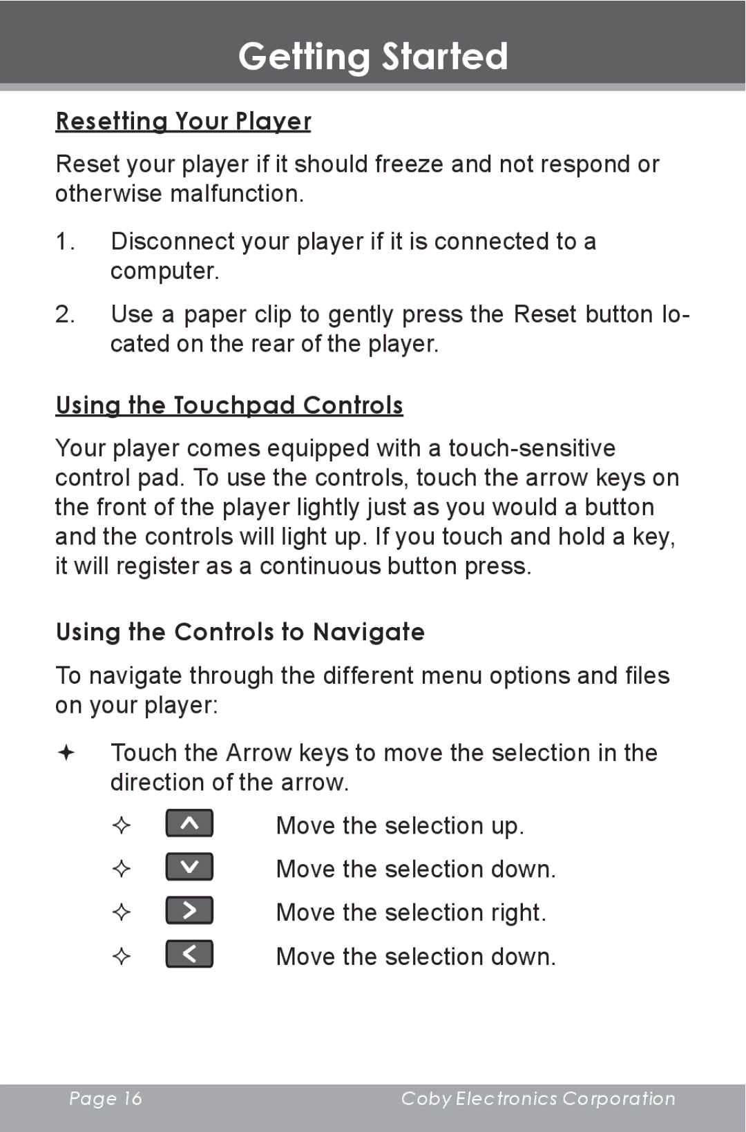 COBY electronic MP-705-4G, MP-705-2G Resetting Your Player, Using the Touchpad Controls, Using the Controls to Navigate 