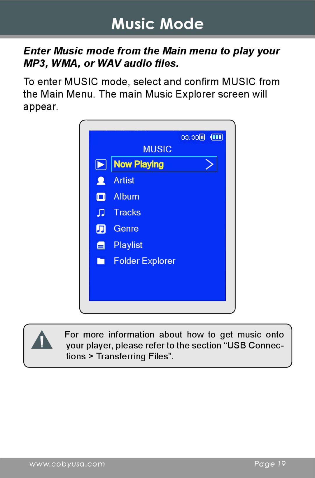 COBY electronic MP-705-4G, MP-705-2G, MP-705-1G instruction manual Music Mode 