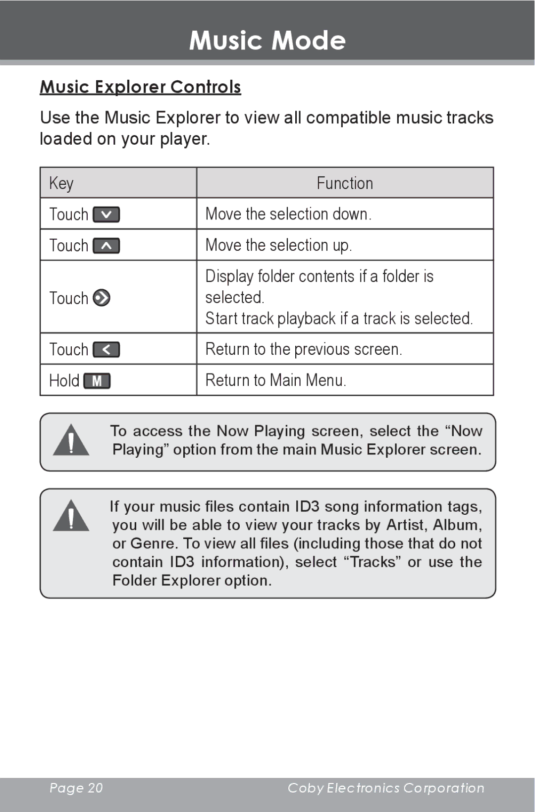 COBY electronic MP-705-1G, MP-705-2G, MP-705-4G instruction manual Music Explorer Controls 