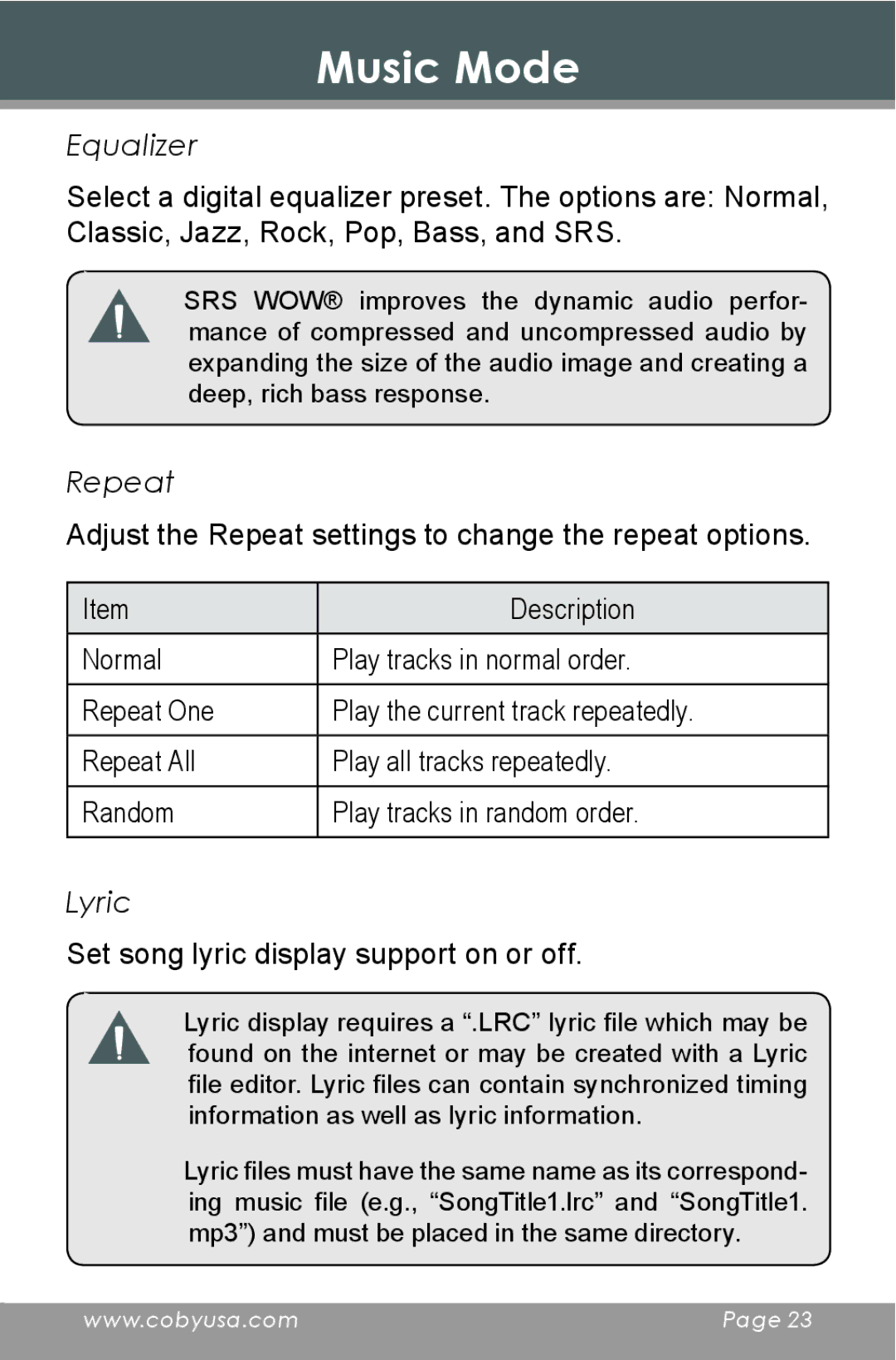 COBY electronic MP-705-1G, MP-705-2G, MP-705-4G instruction manual Equalizer 