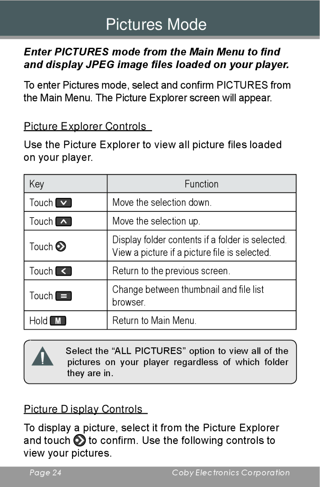 COBY electronic MP-705-2G, MP-705-4G, MP-705-1G Pictures Mode, Picture Explorer Controls, Picture Display Controls 