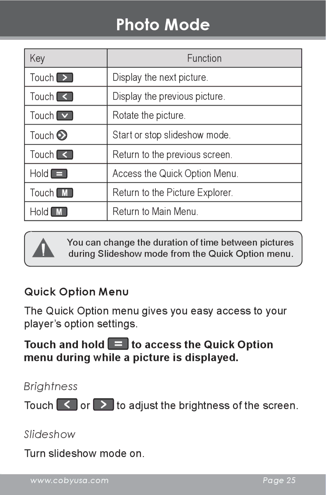 COBY electronic MP-705-4G, MP-705-2G, MP-705-1G instruction manual Photo Mode, Hold Return to Main Menu 