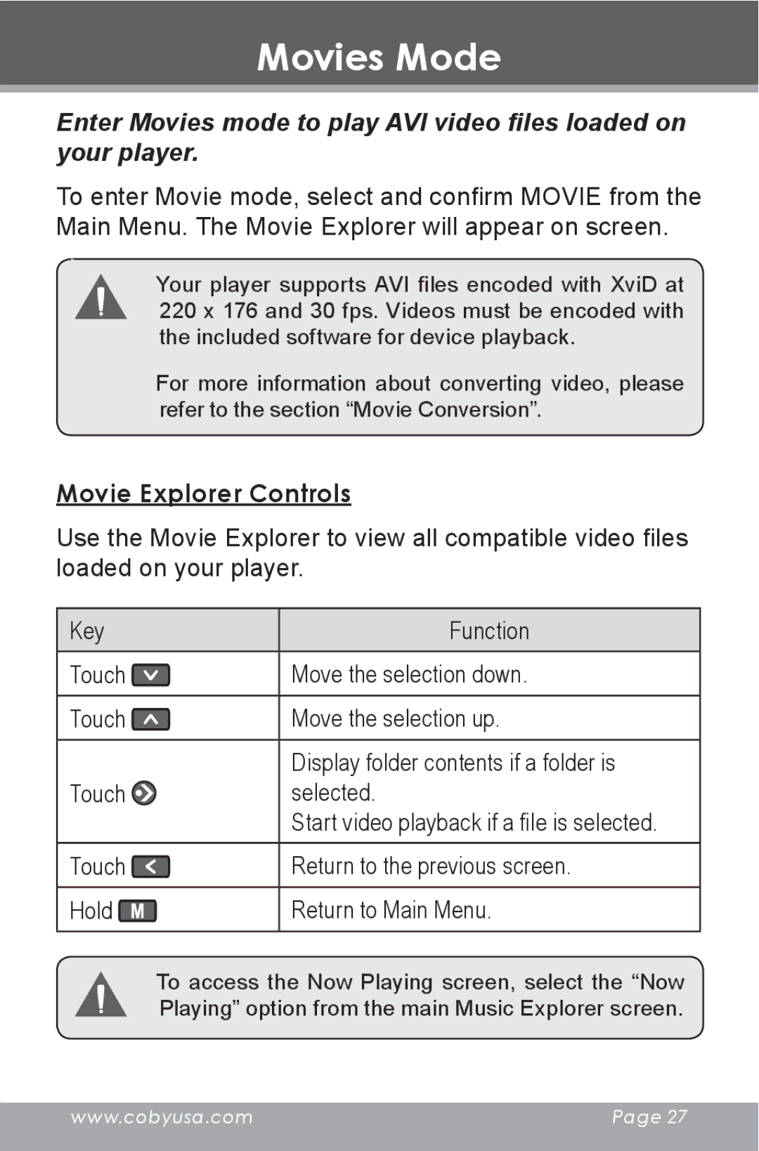 COBY electronic MP-705-2G, MP-705-4G, MP-705-1G instruction manual Movies Mode, Movie Explorer Controls 