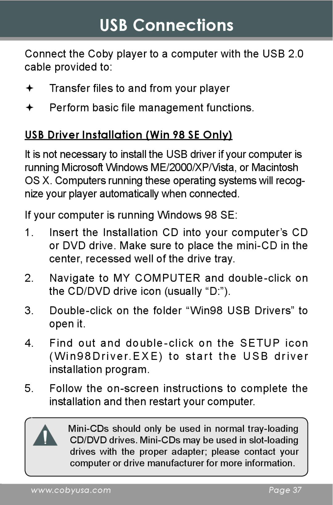 COBY electronic MP-705-4G, MP-705-2G, MP-705-1G instruction manual USB Connections, USB Driver Installation Win 98 SE Only 