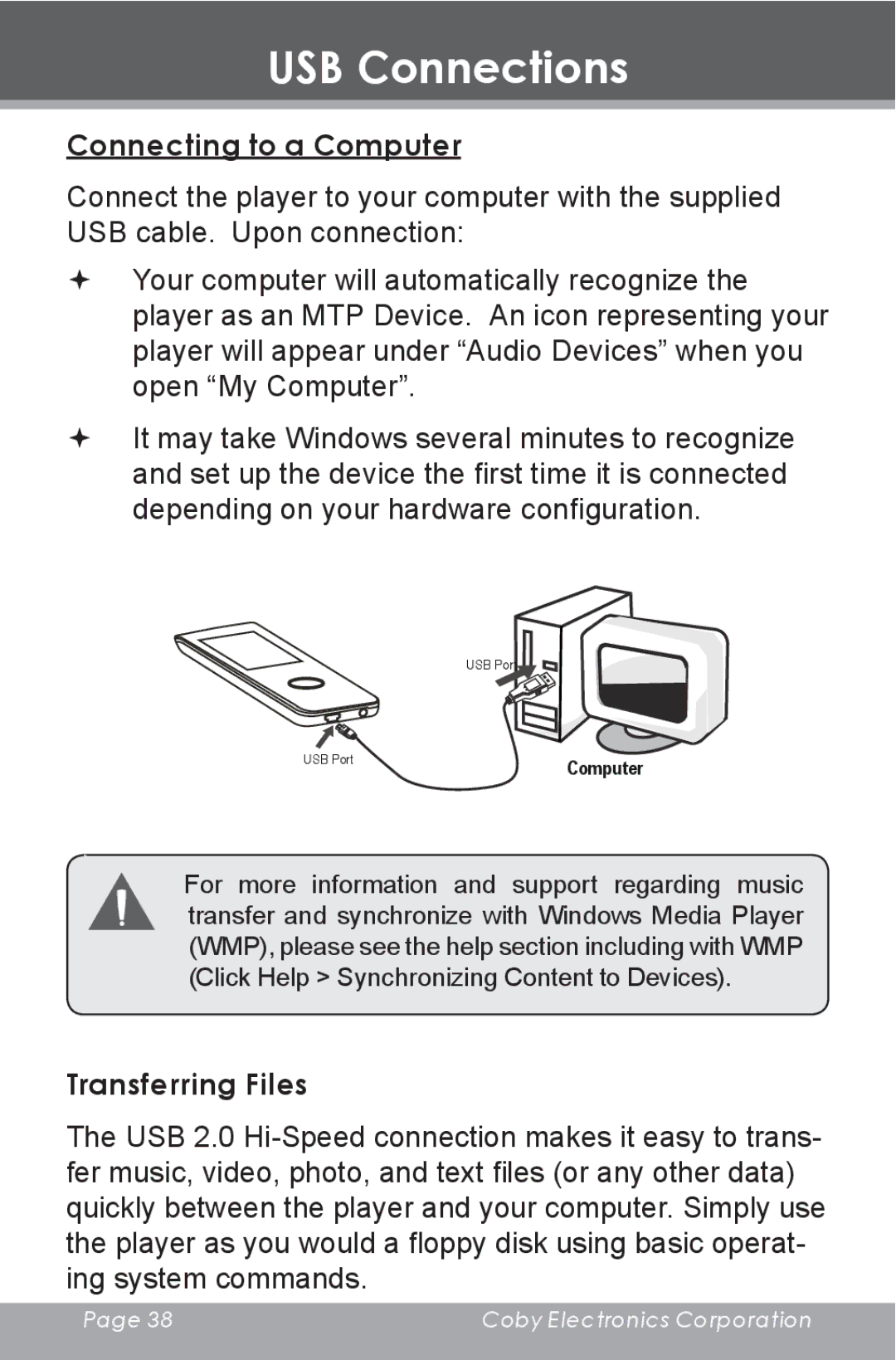 COBY electronic MP-705-1G, MP-705-2G, MP-705-4G instruction manual Connecting to a Computer, Transferring Files 