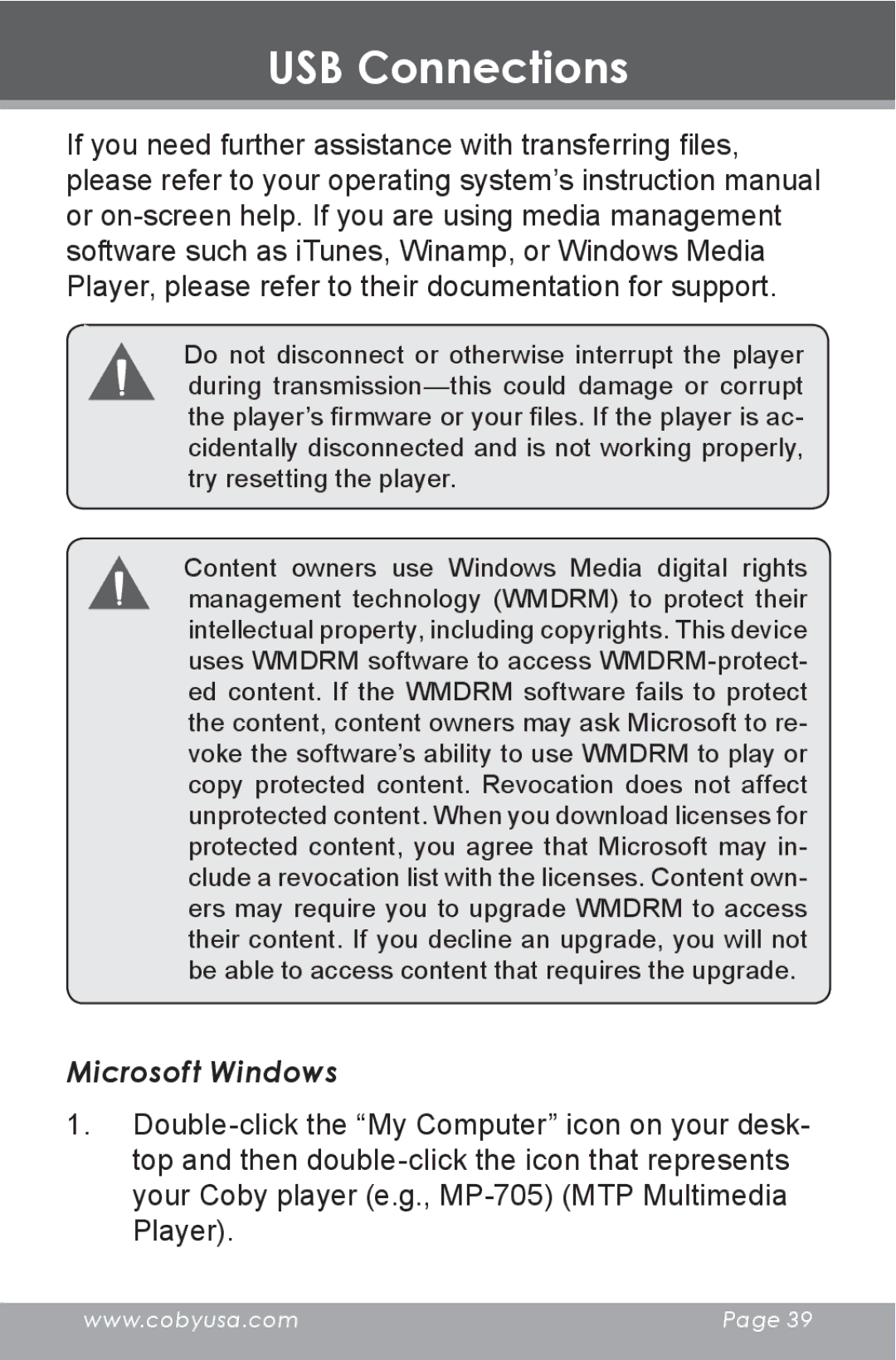 COBY electronic MP-705-2G, MP-705-4G, MP-705-1G instruction manual Microsoft Windows 