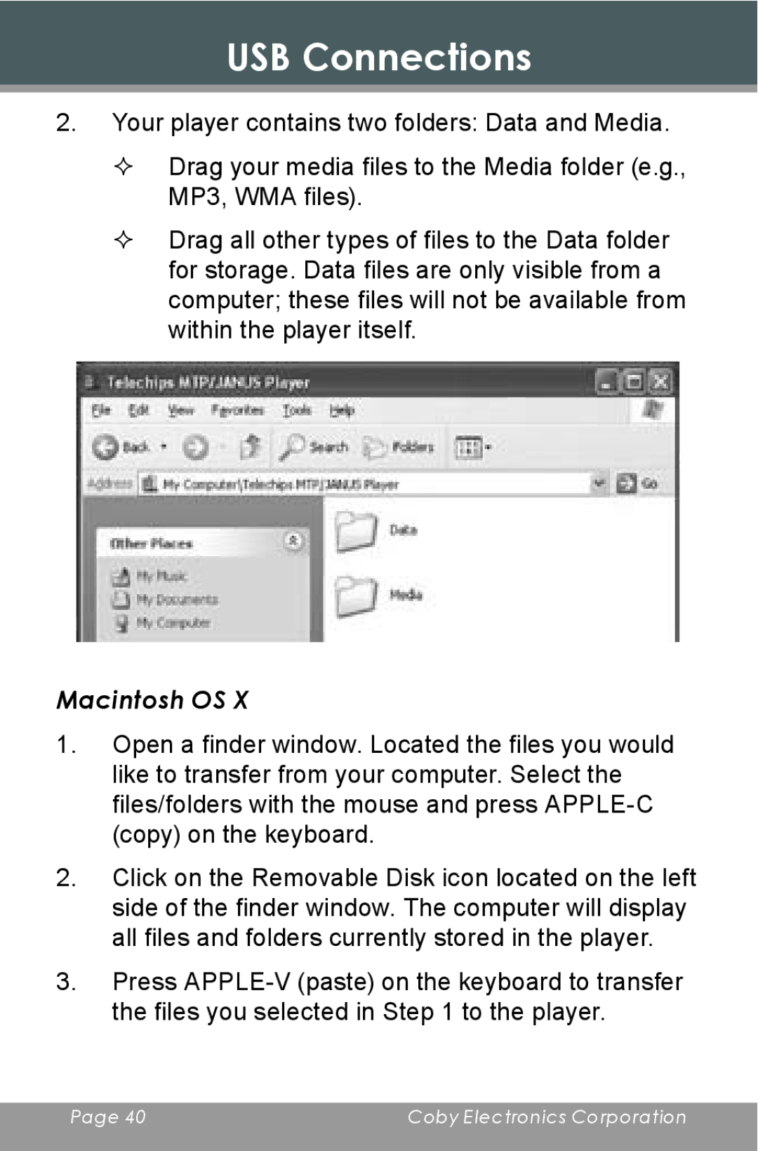 COBY electronic MP-705-4G, MP-705-2G, MP-705-1G instruction manual Macintosh OS, Copy on the keyboard 