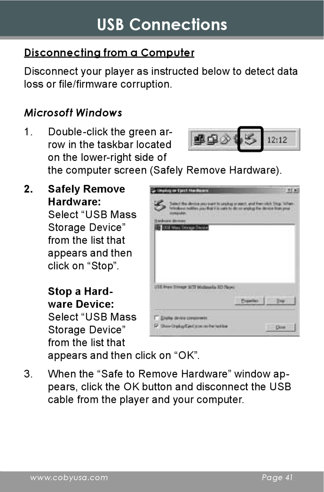 COBY electronic MP-705-1G, MP-705-2G, MP-705-4G instruction manual Disconnecting from a Computer 