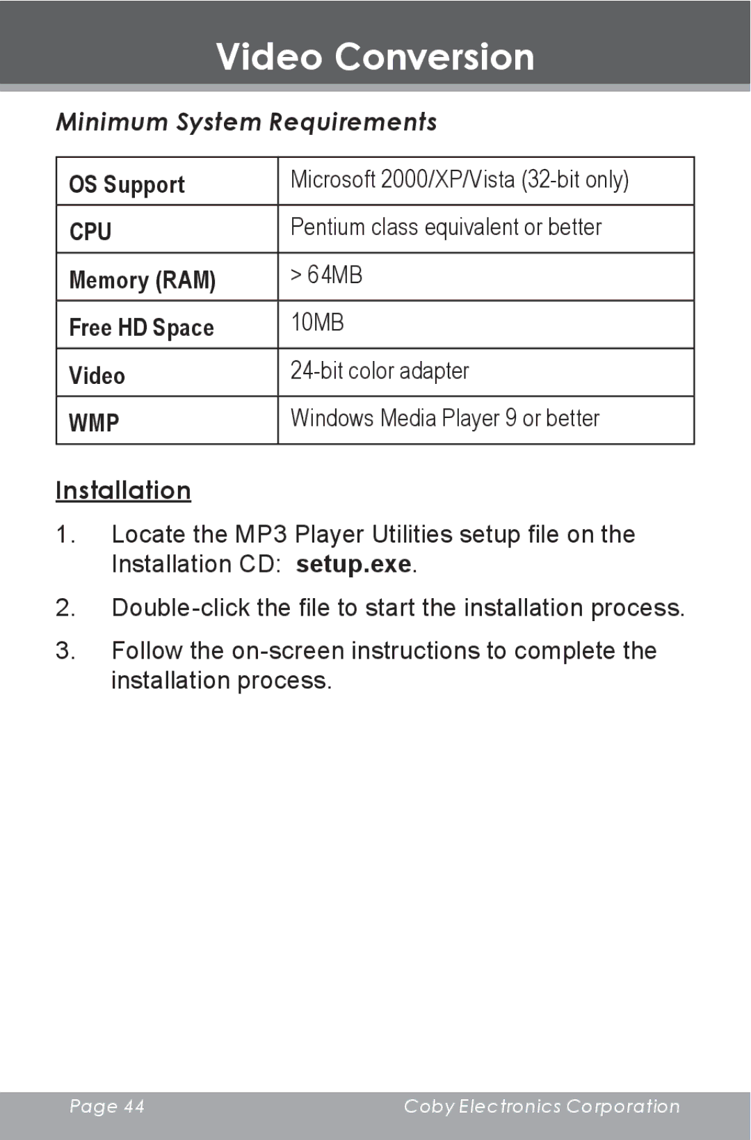 COBY electronic MP-705-1G, MP-705-2G, MP-705-4G instruction manual Minimum System Requirements, Installation 