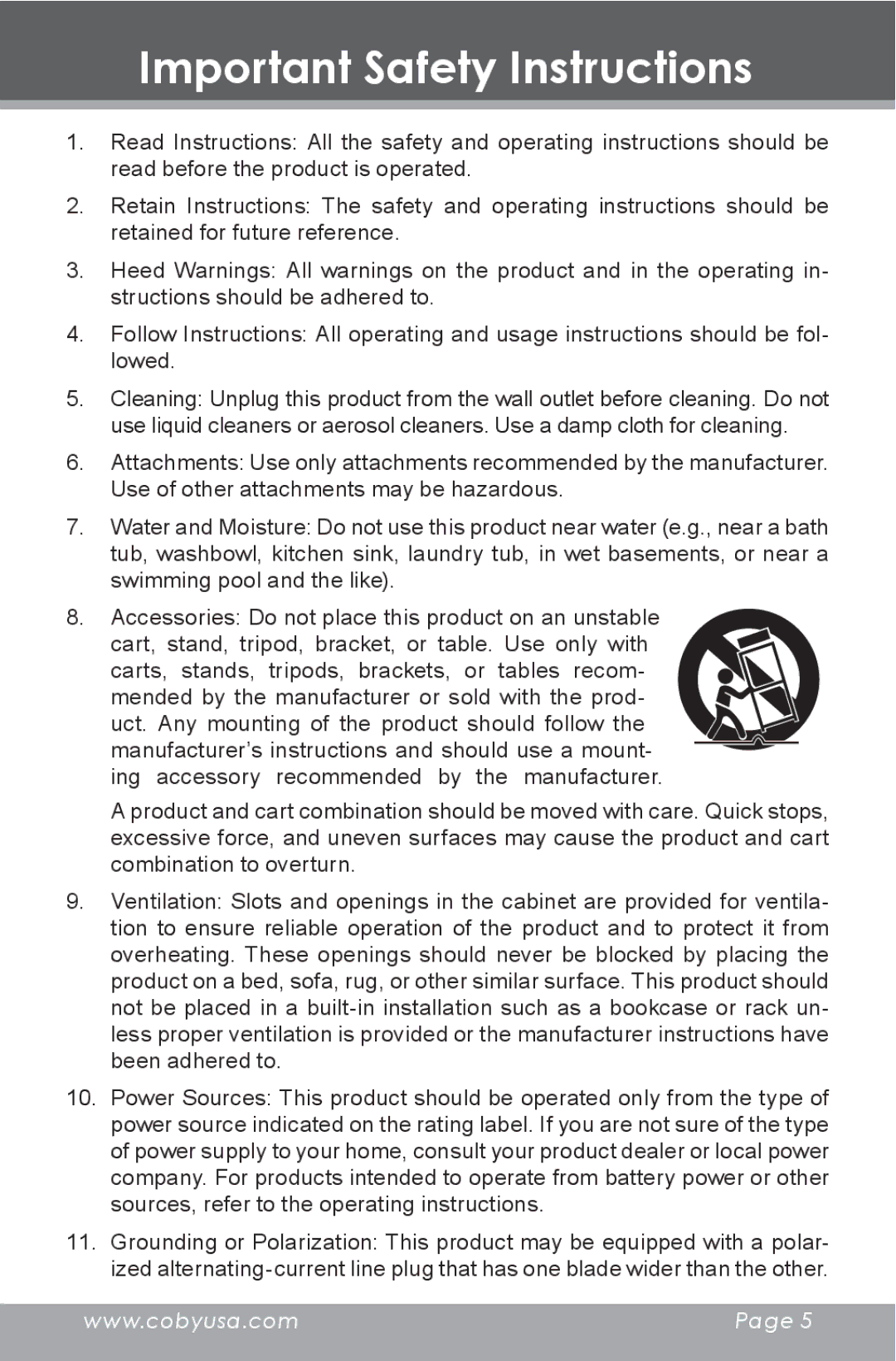 COBY electronic MP-705-1G, MP-705-2G, MP-705-4G instruction manual Important Safety Instructions 