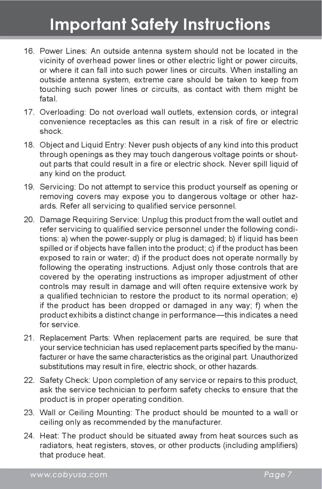 COBY electronic MP-705-4G, MP-705-2G, MP-705-1G instruction manual Important Safety Instructions 