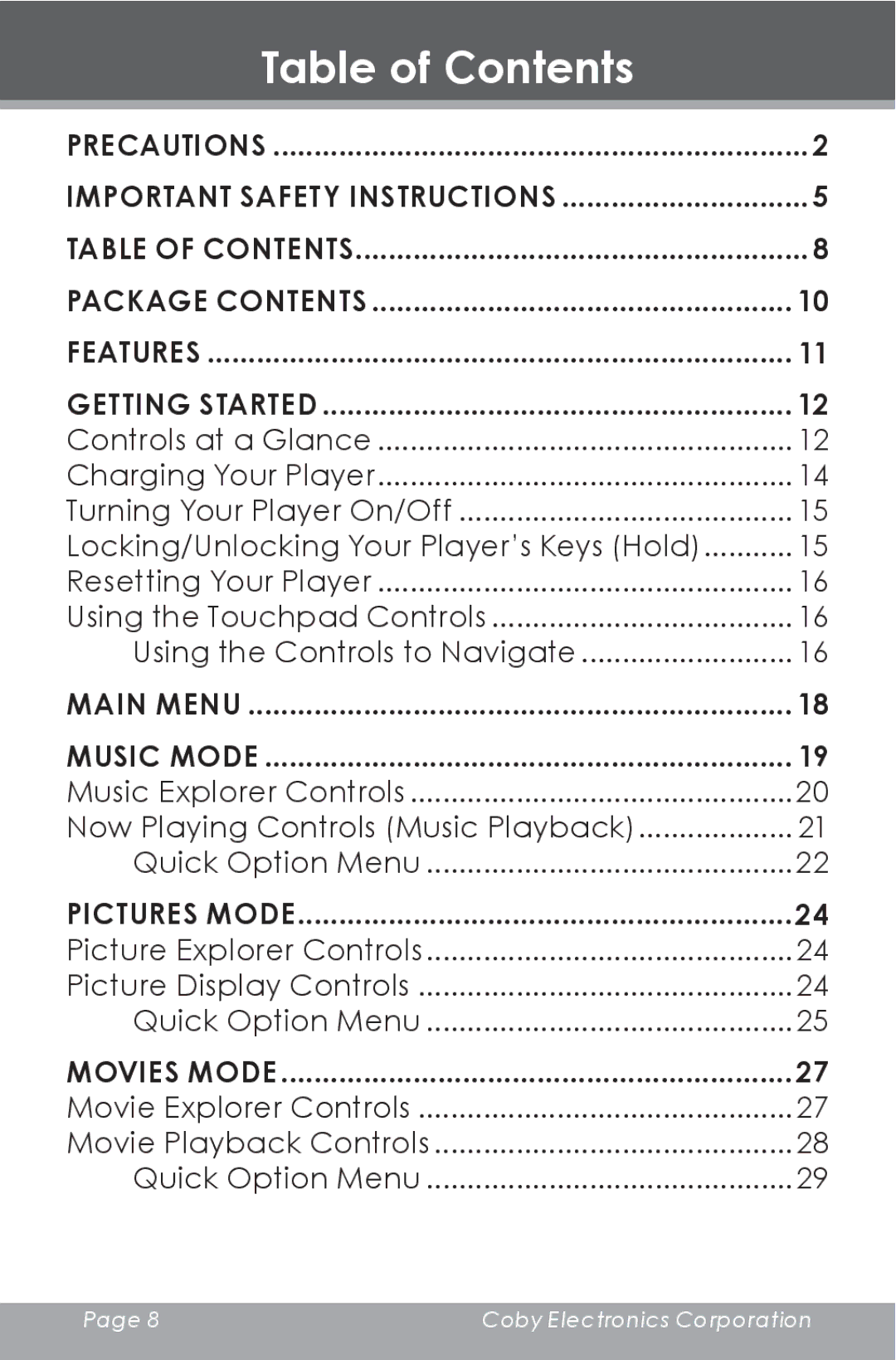 COBY electronic MP-705-1G, MP-705-2G, MP-705-4G instruction manual Table of Contents 