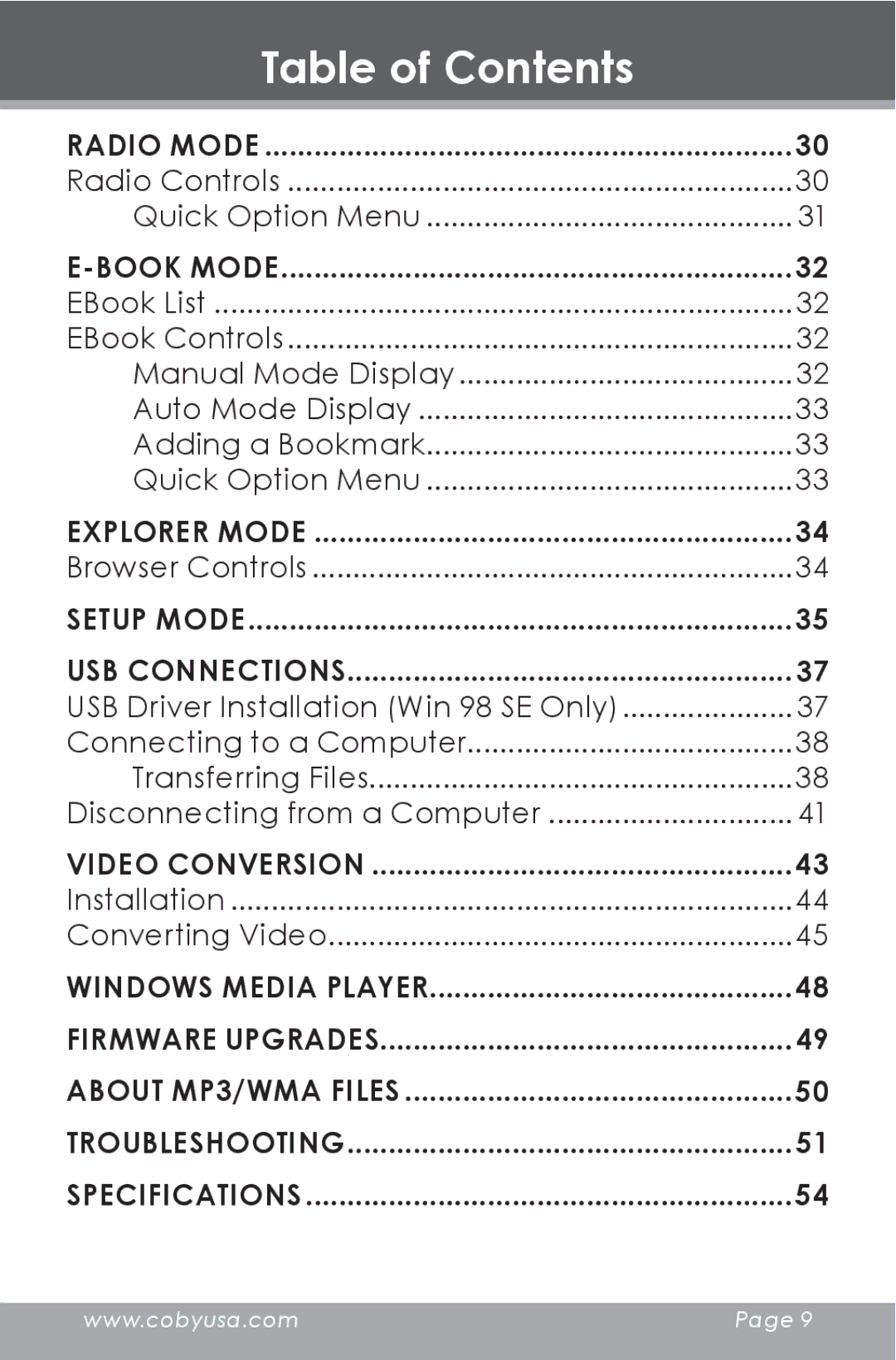 COBY electronic MP-705-2G Radio Mode, Quick Option Menu Book Mode, Setup Mode USB Connections, Transferring Files 