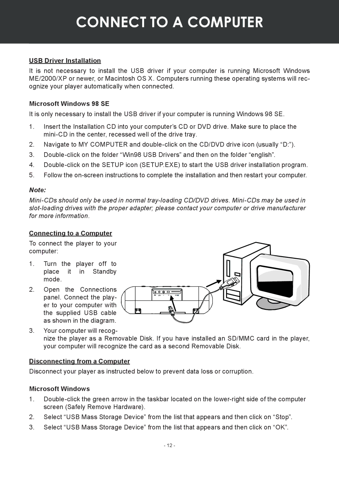 COBY electronic MP-C351 instruction manual Connect to a Computer 