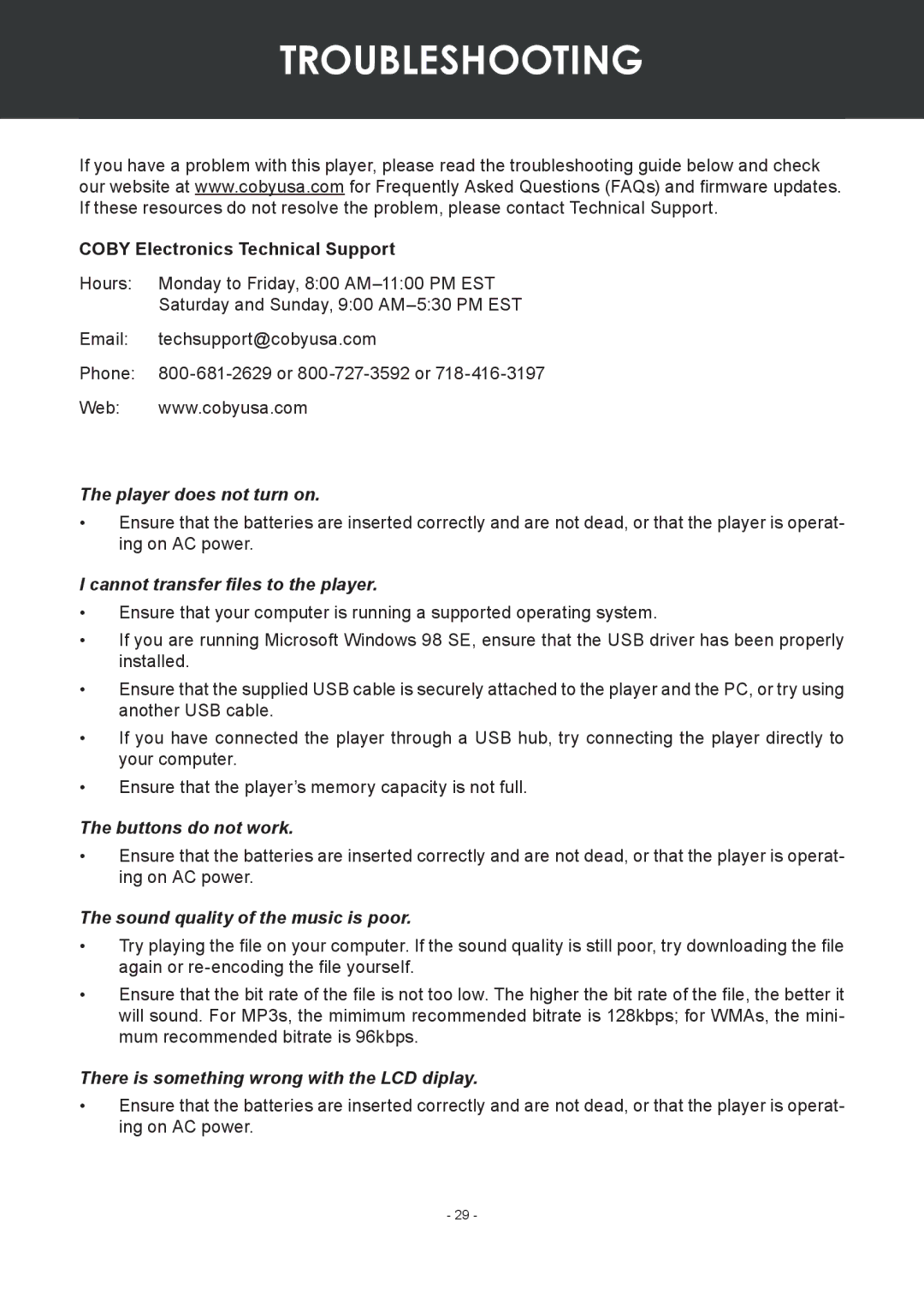 COBY electronic MP-C351 instruction manual Troubleshooting, Coby Electronics Technical Support 