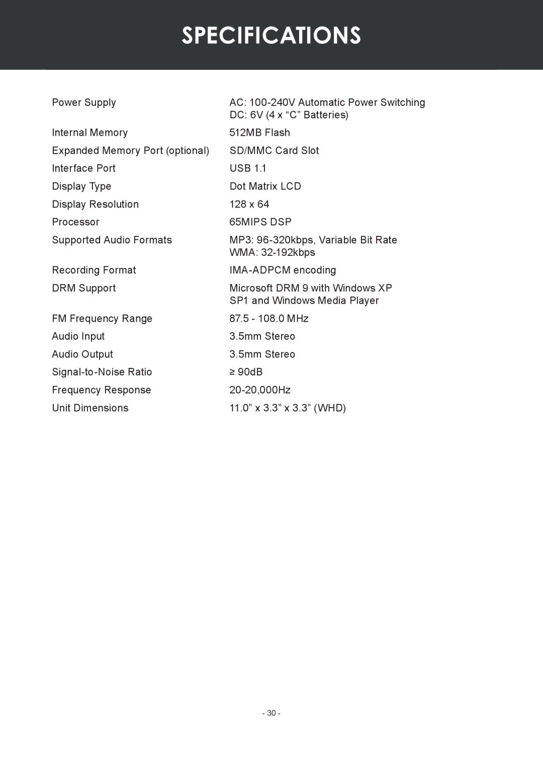 COBY electronic MP-C351 instruction manual Specifications, 65MIPS DSP 