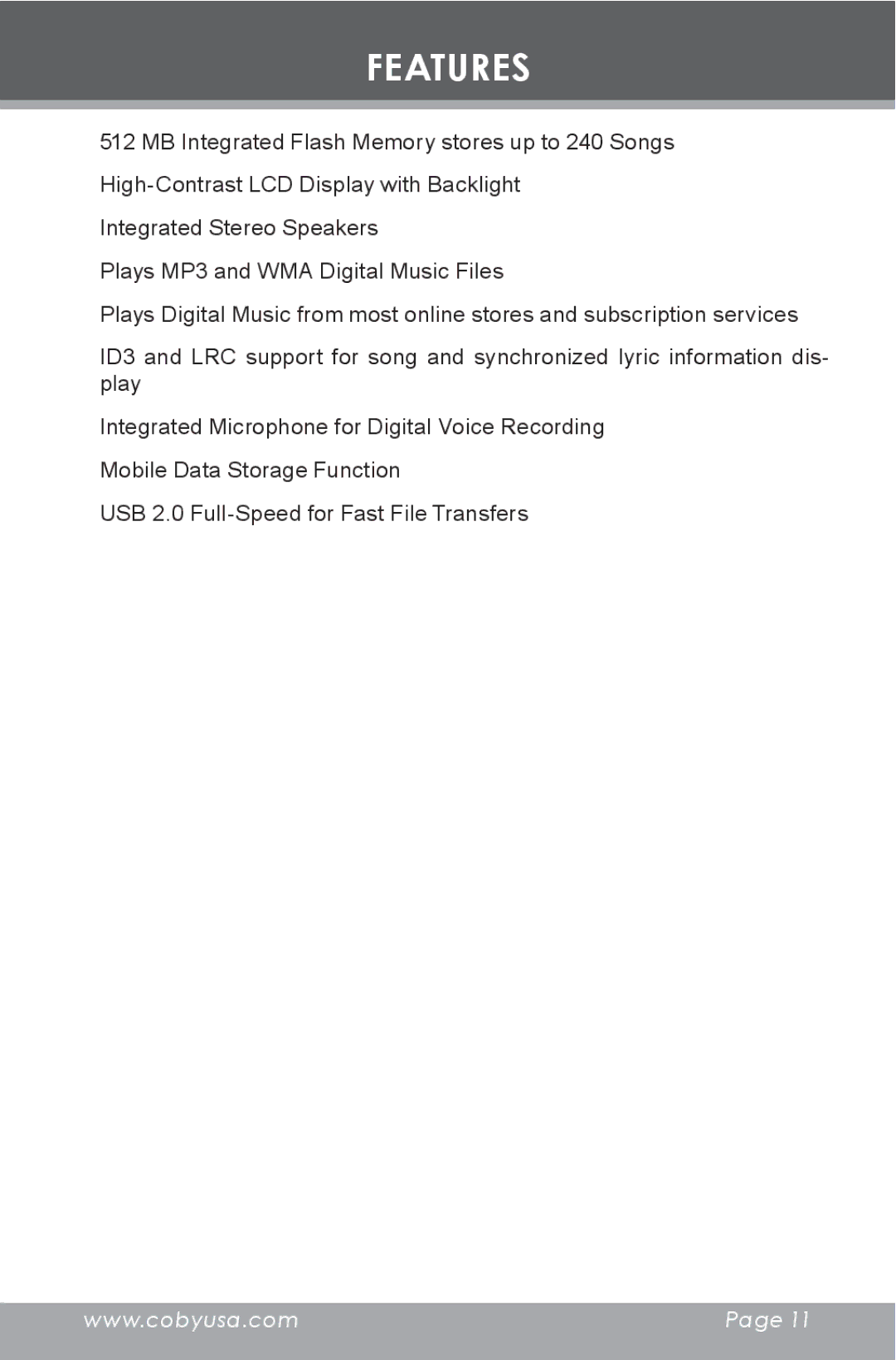 COBY electronic MP-C353 instruction manual Features 