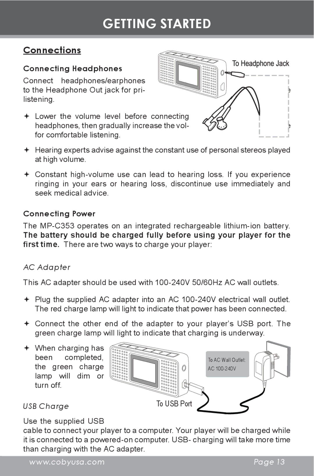 COBY electronic MP-C353 instruction manual Connections, Connecting Headphones, Connecting Power 