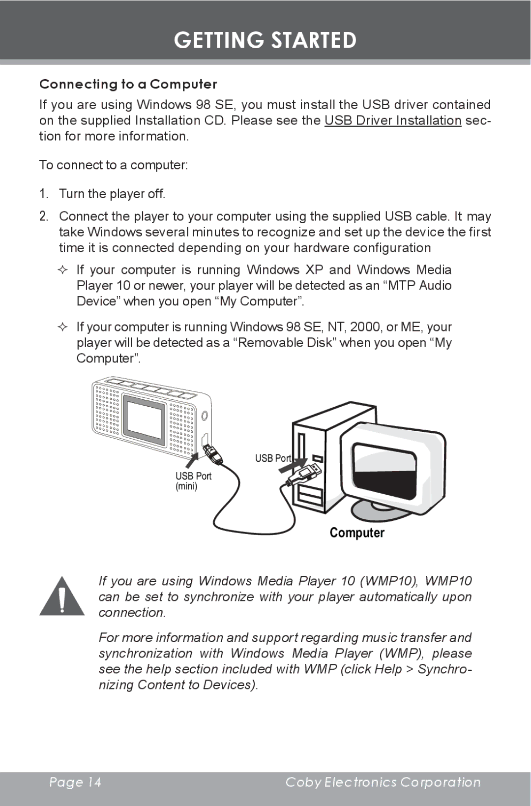 COBY electronic MP-C353 instruction manual Connecting to a Computer 