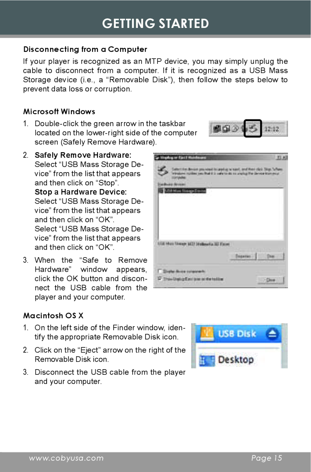 COBY electronic MP-C353 instruction manual Disconnecting from a Computer, Microsoft Windows, Macintosh OS 