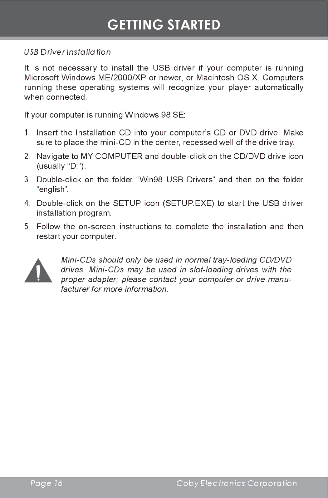 COBY electronic MP-C353 instruction manual USB Driver Installation 