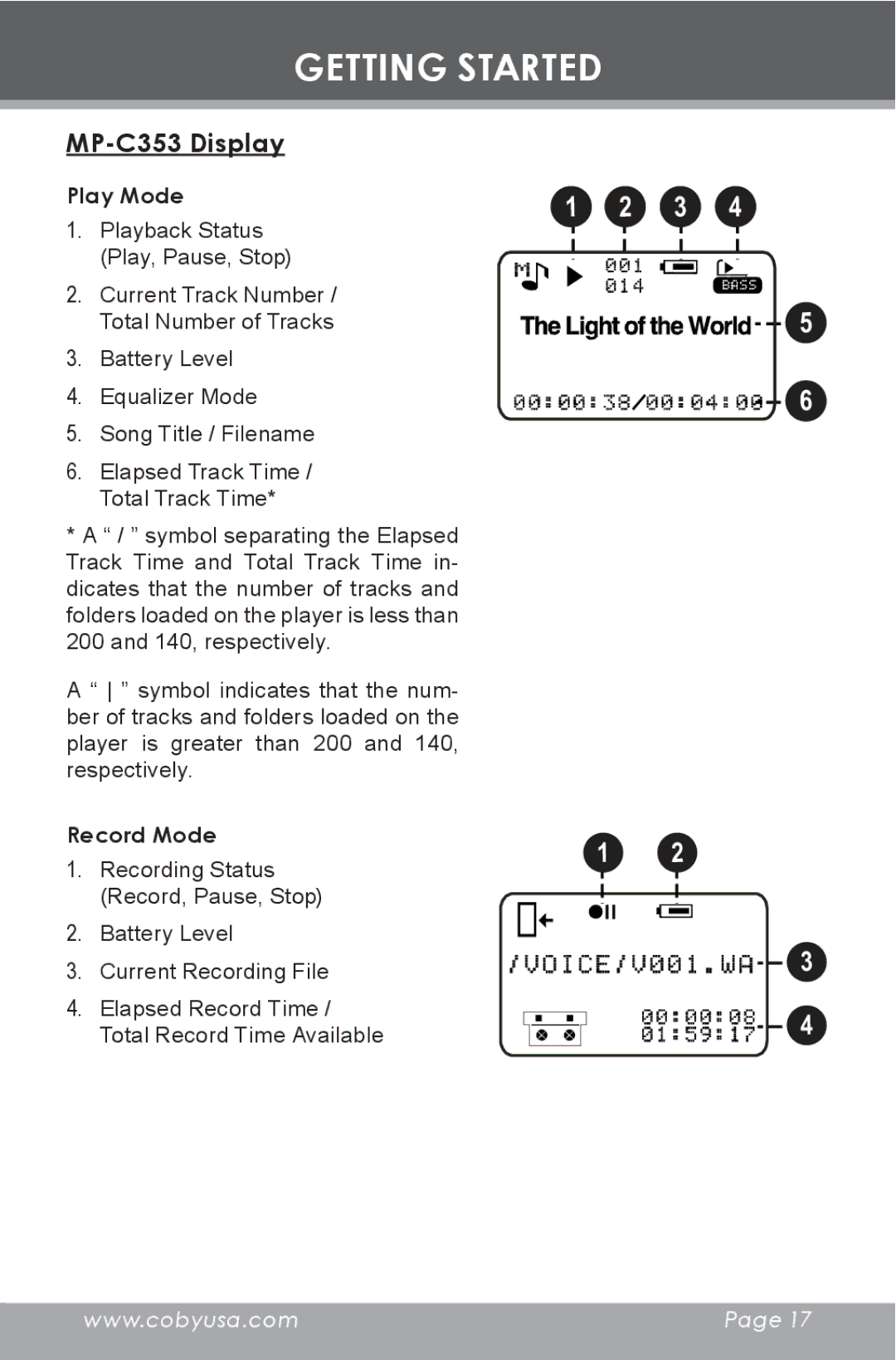 COBY electronic instruction manual MP-C353 Display, Play Mode, Record Mode 