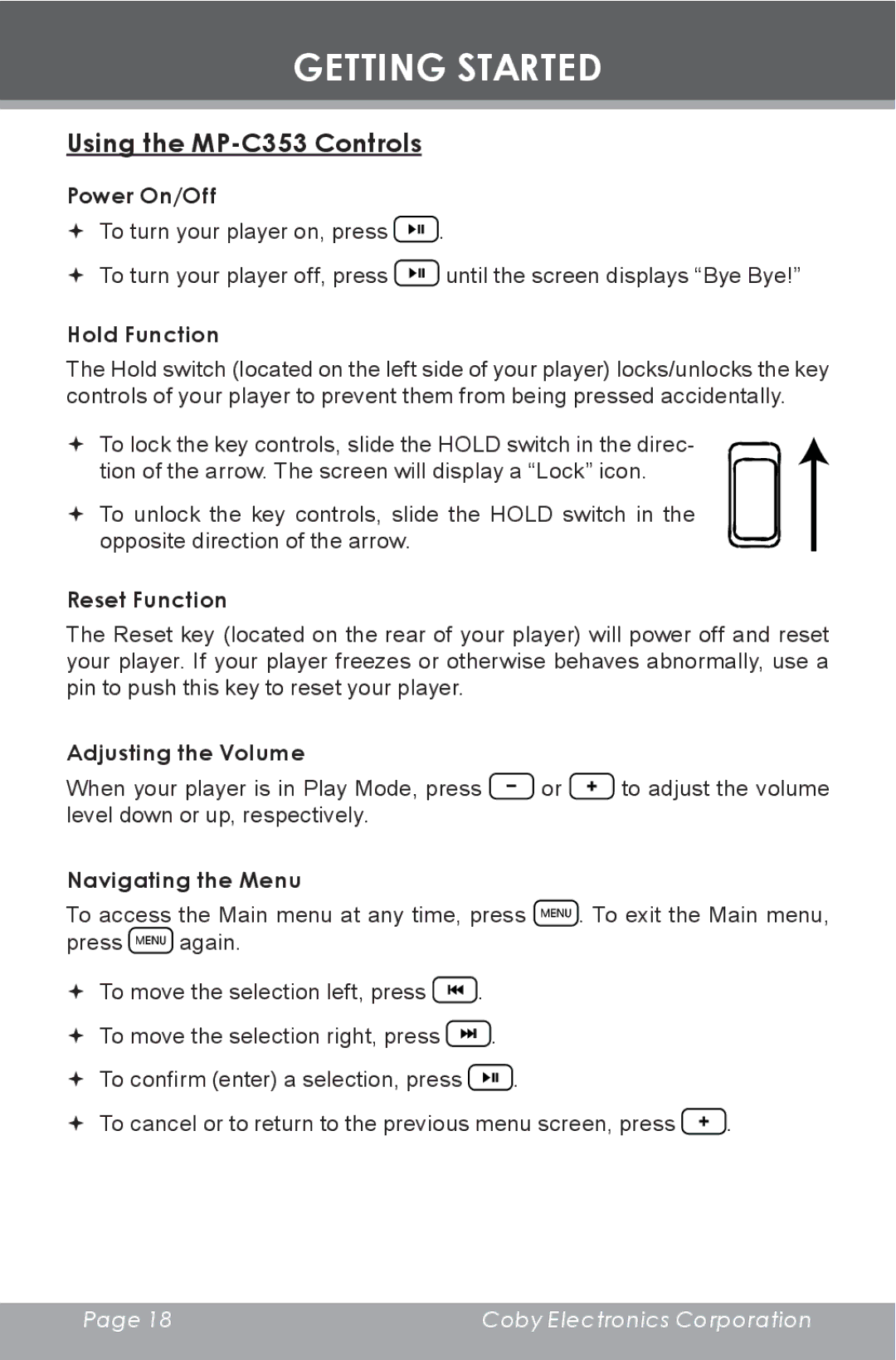 COBY electronic instruction manual Using the MP-C353 Controls 