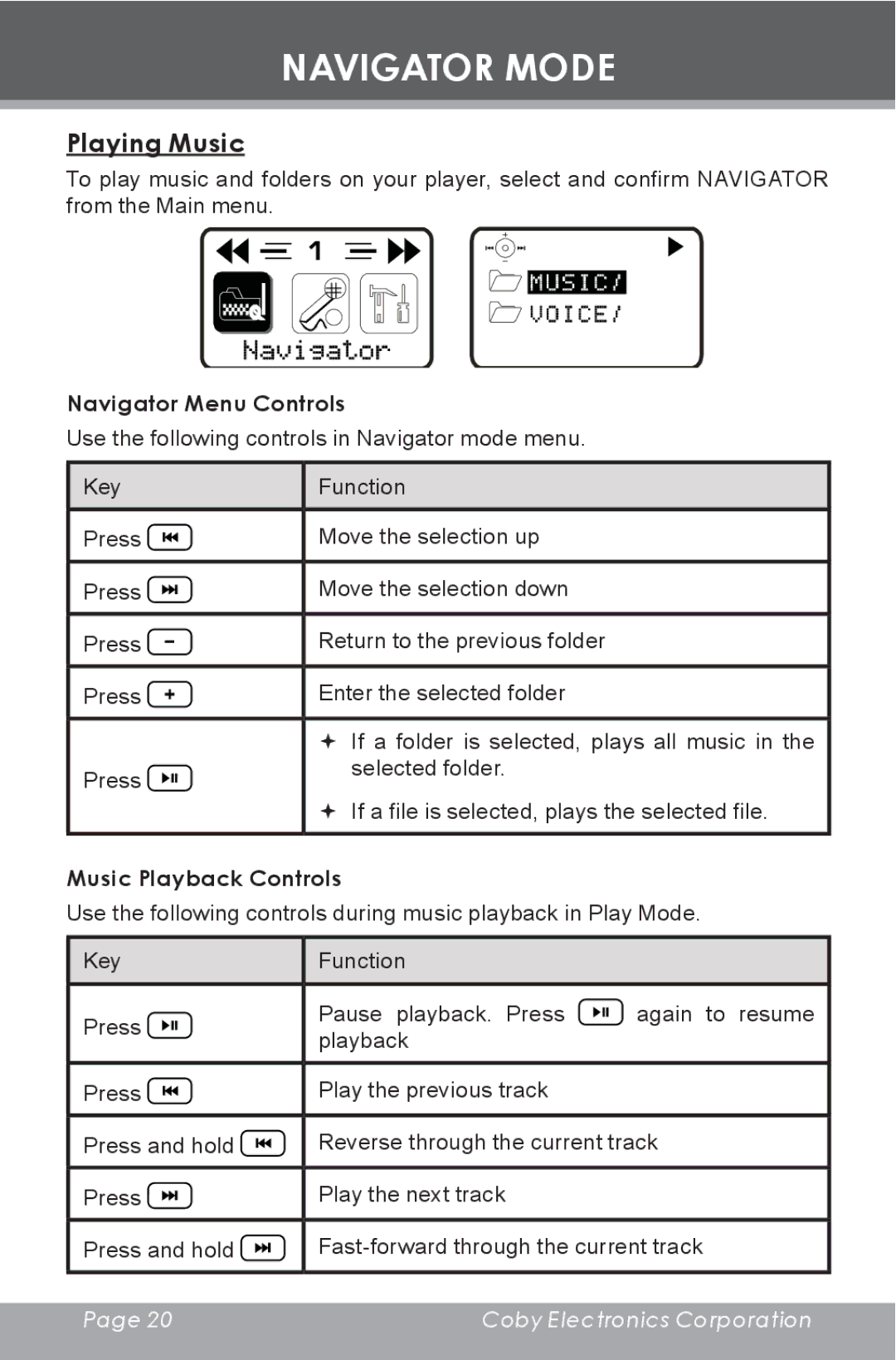 COBY electronic MP-C353 instruction manual Navigator Mode, Playing Music, Navigator Menu Controls, Music Playback Controls 