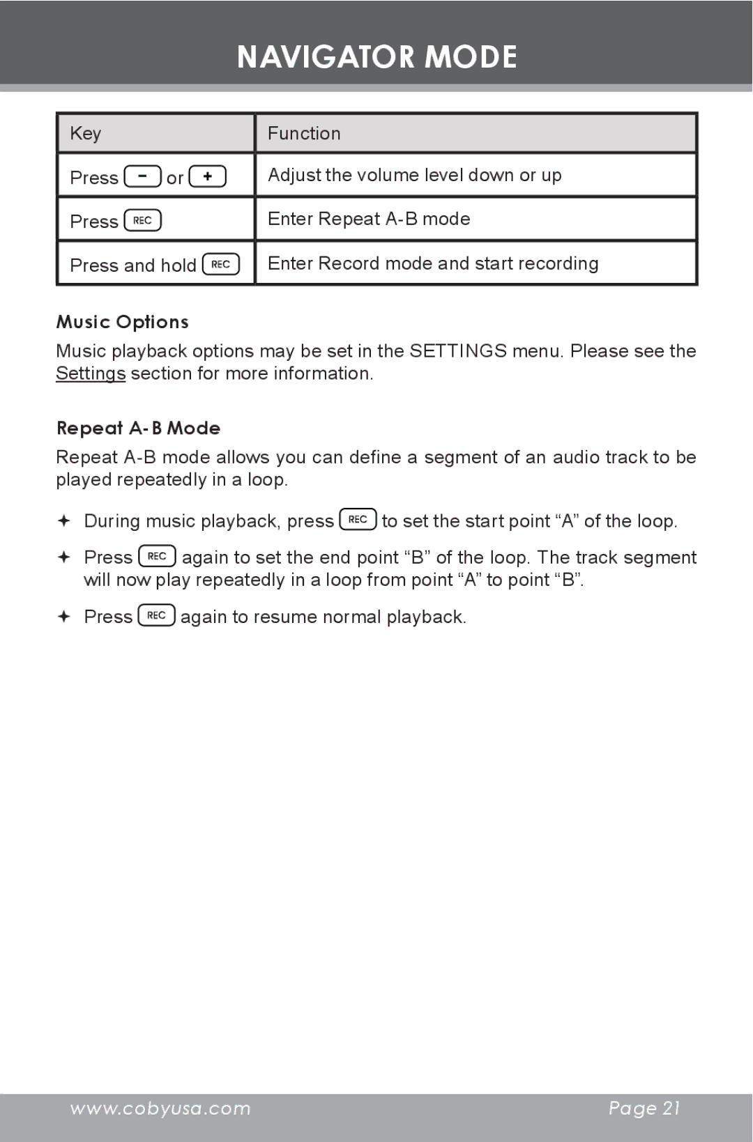 COBY electronic MP-C353 instruction manual Music Options, Repeat A-B Mode 