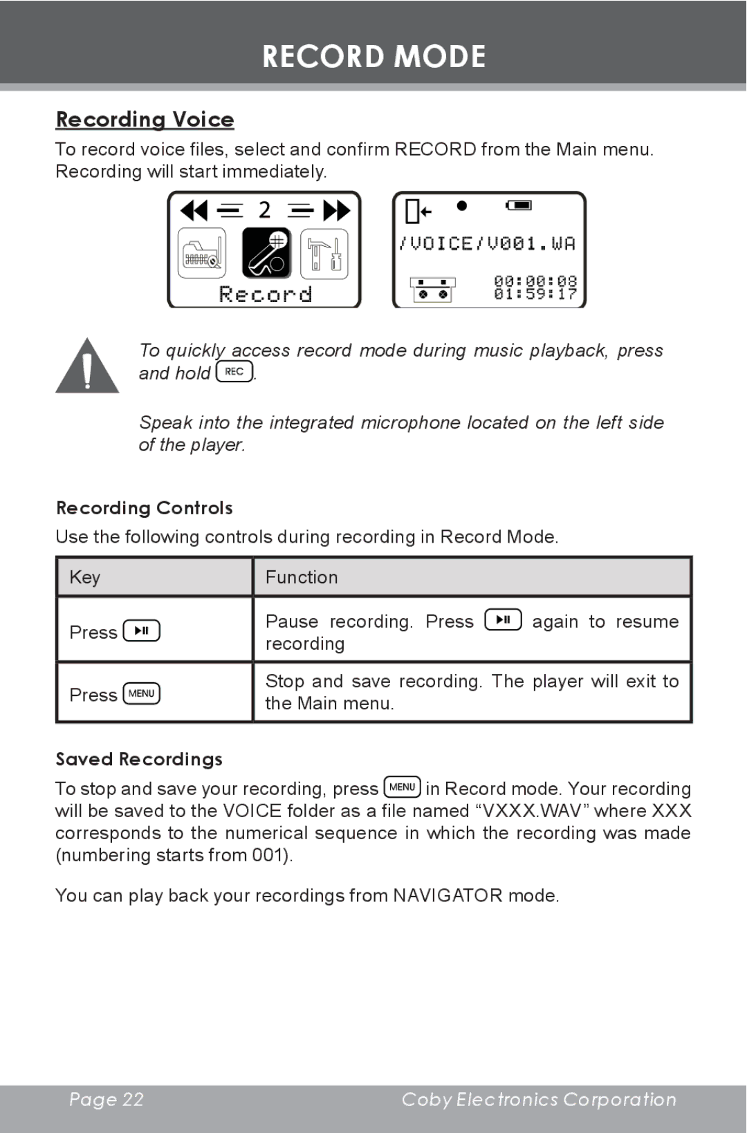 COBY electronic MP-C353 instruction manual Record Mode, Recording Voice, Recording Controls, Saved Recordings 