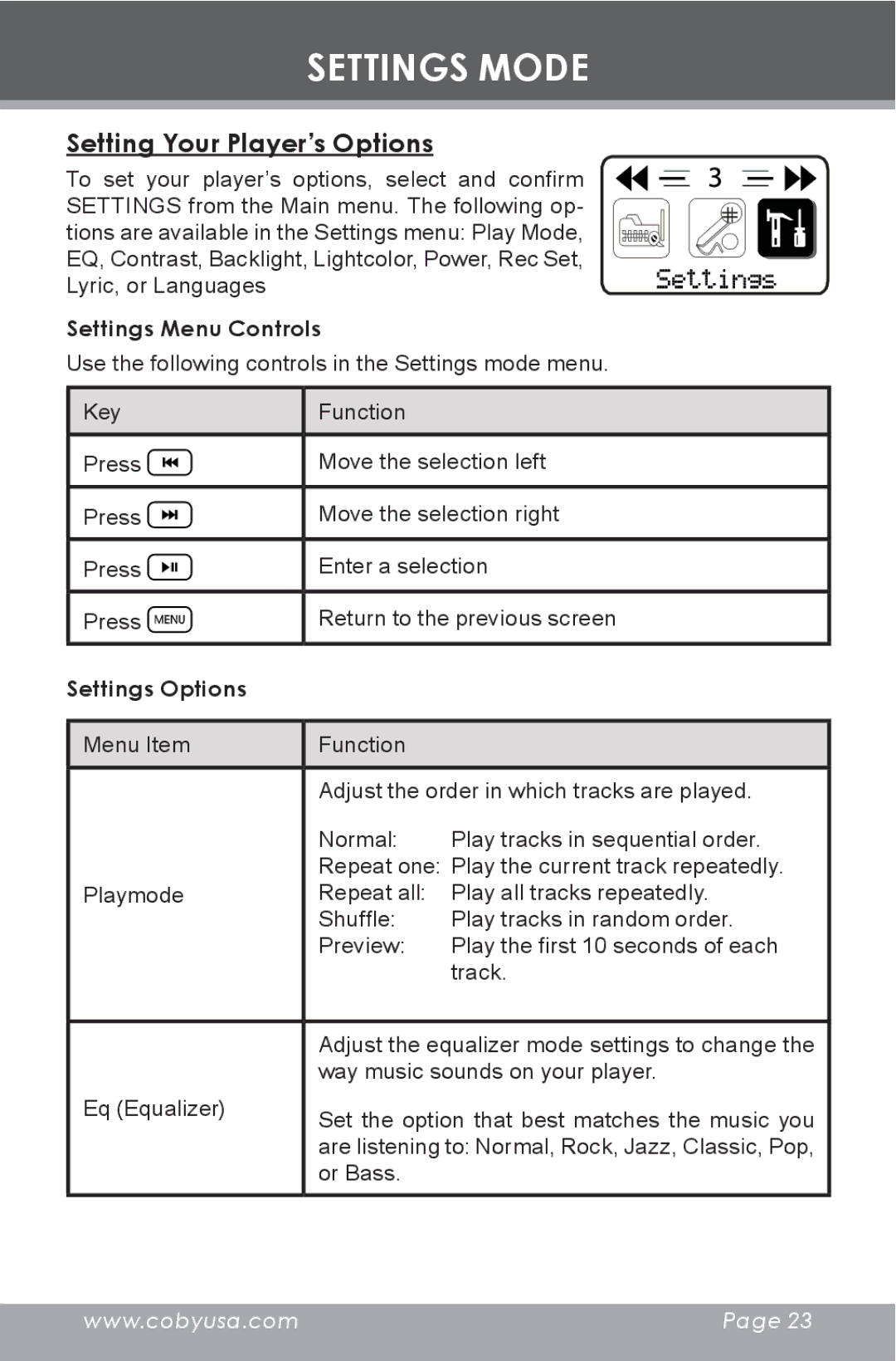 COBY electronic MP-C353 Settings Mode, Setting Your Player’s Options, Settings Menu Controls, Settings Options 