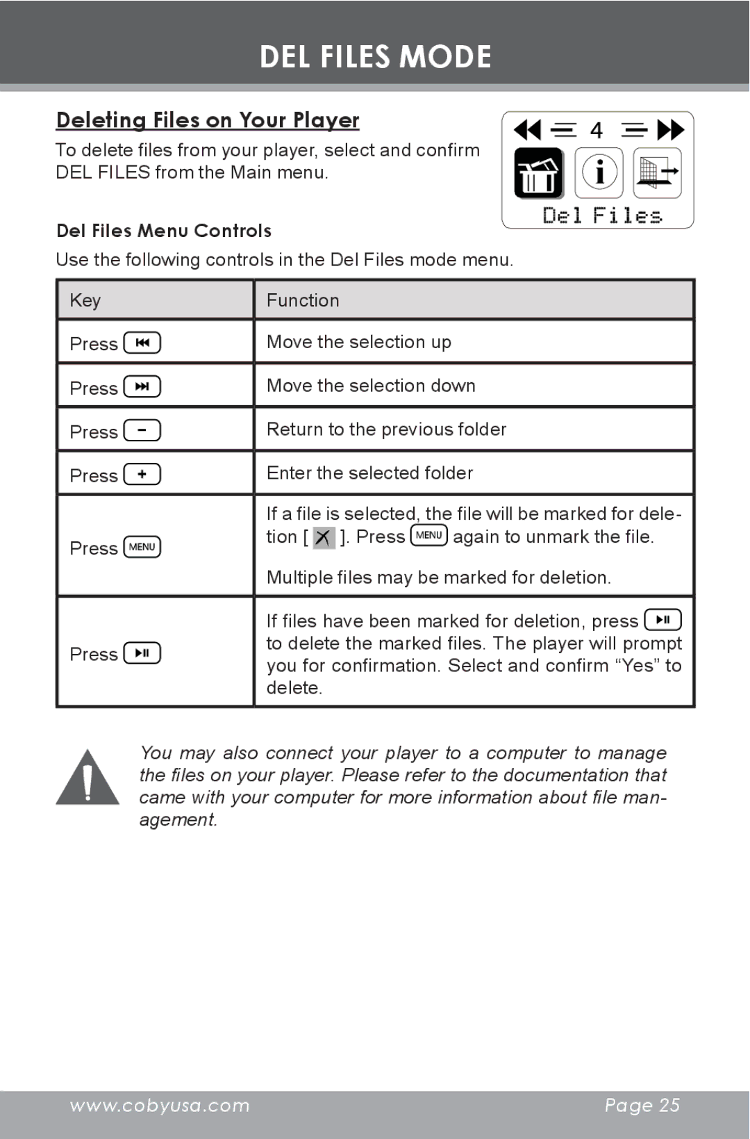 COBY electronic MP-C353 instruction manual DEL Files Mode, Deleting Files on Your Player, Del Files Menu Controls 