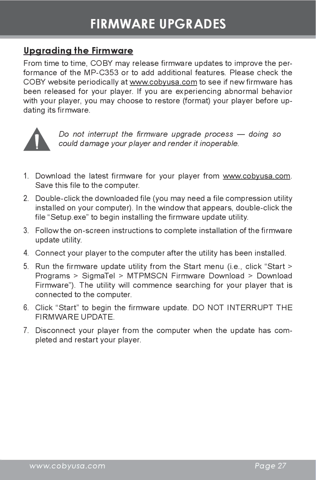 COBY electronic MP-C353 instruction manual Firmware Upgrades, Upgrading the Firmware 