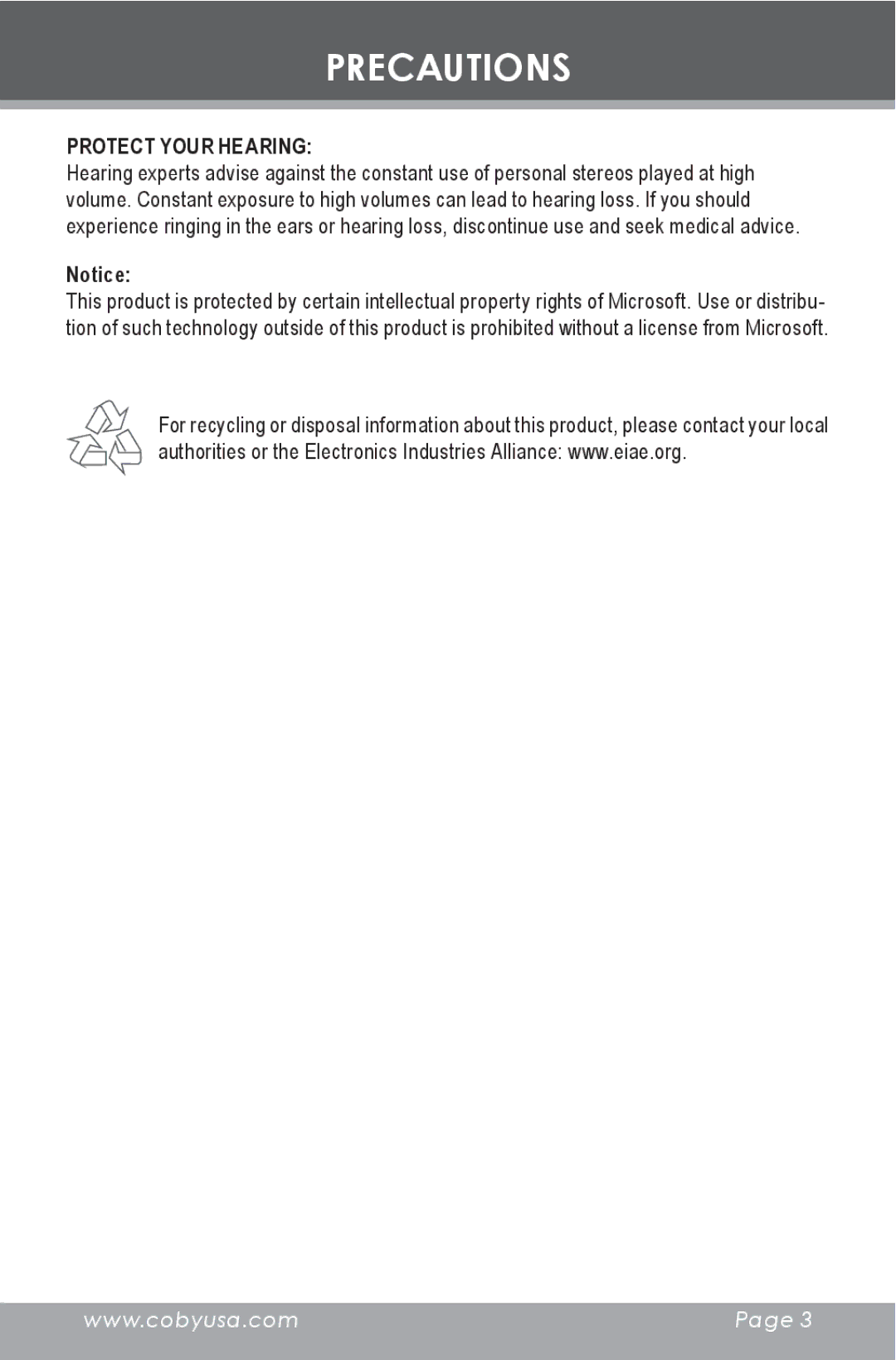 COBY electronic MP-C353 instruction manual Protect Your Hearing 