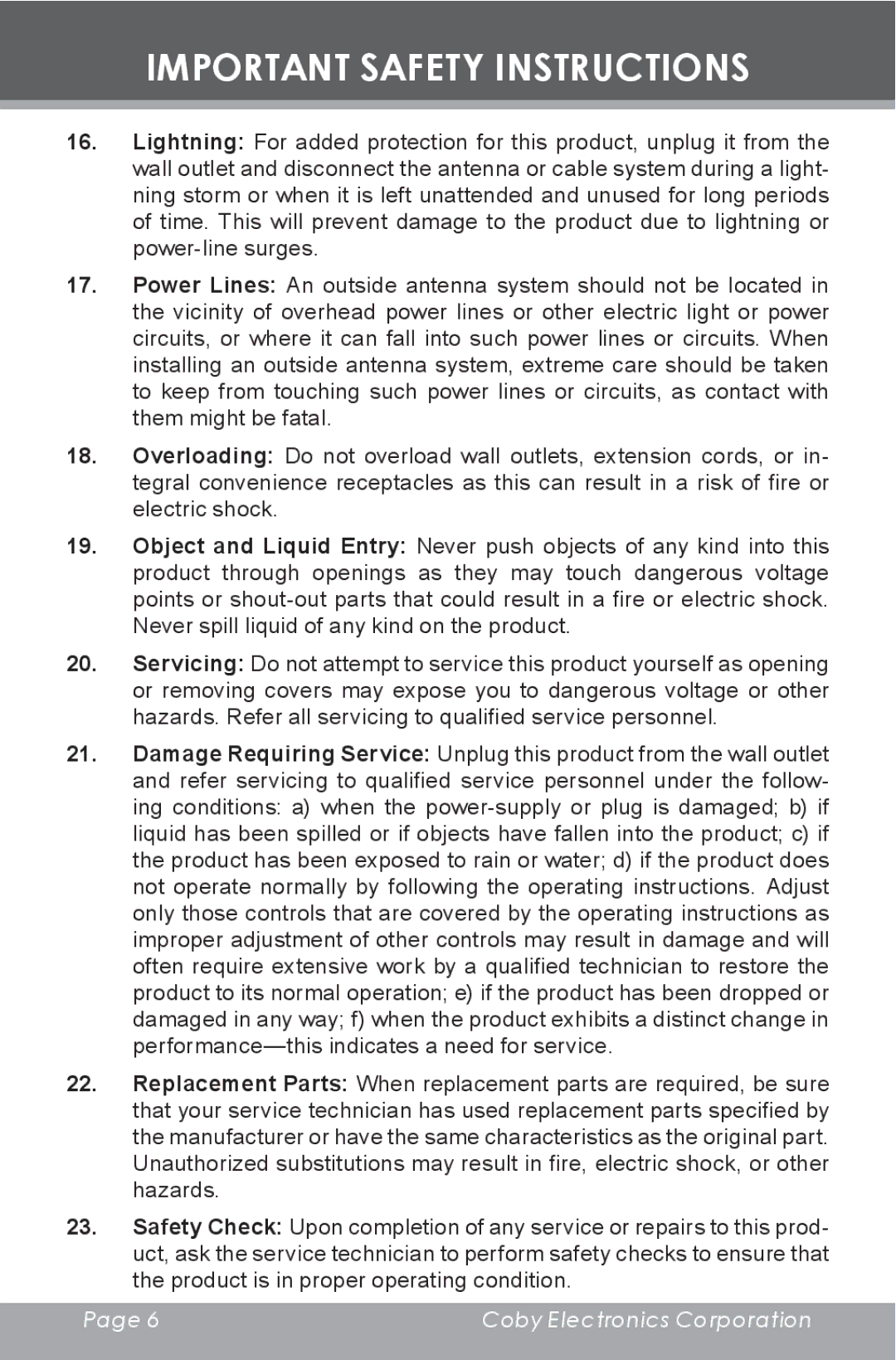 COBY electronic MP-C353 instruction manual Important Safety Instructions 