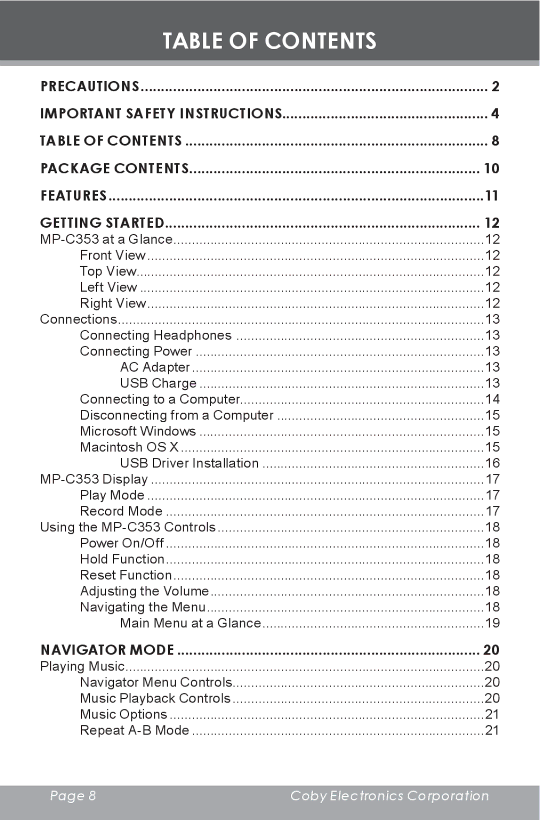 COBY electronic MP-C353 instruction manual Table of Contents 