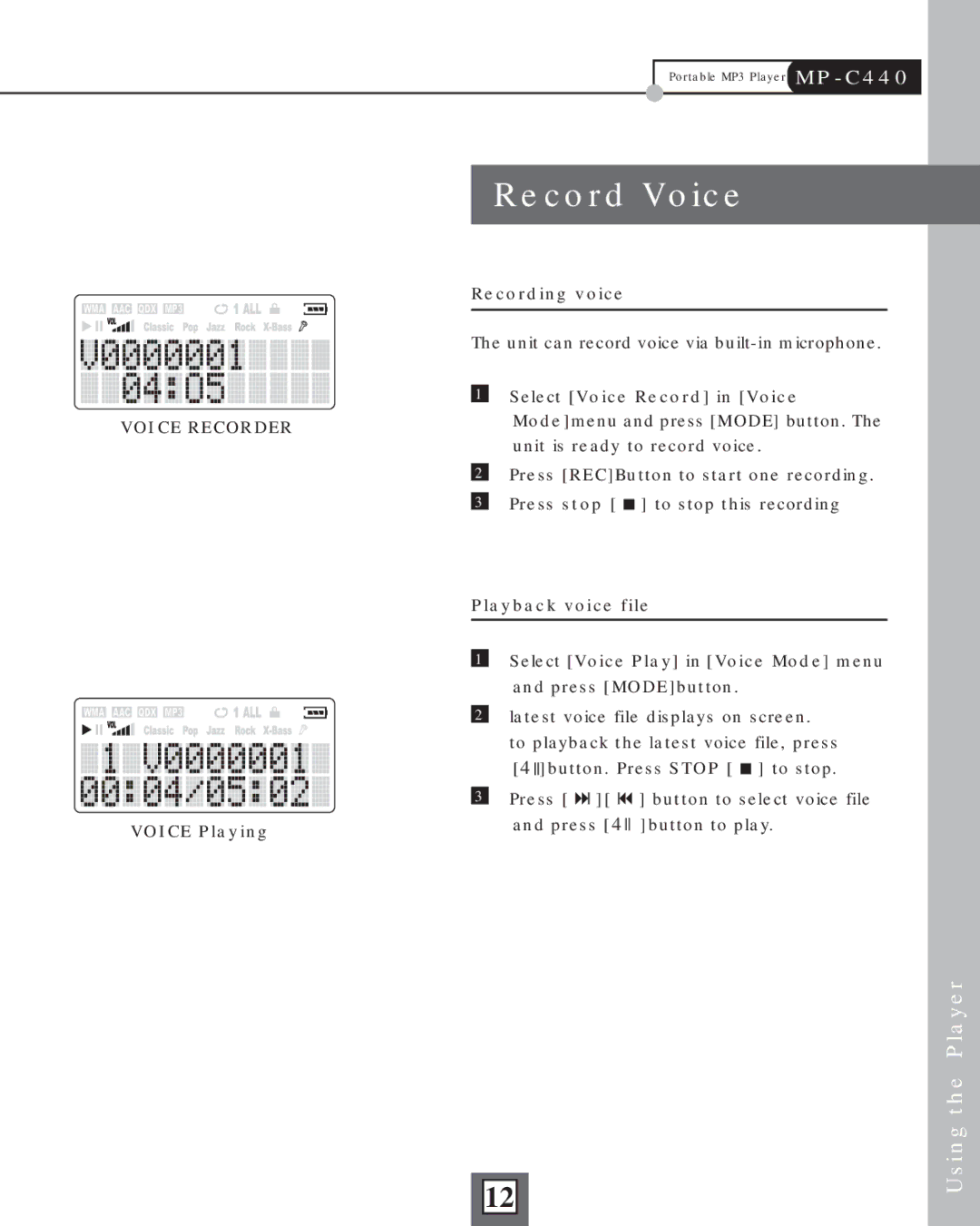 COBY electronic MP-C440 manual Record Voice, Voice Playing, Recording voice, Select Voice Record in Voice 