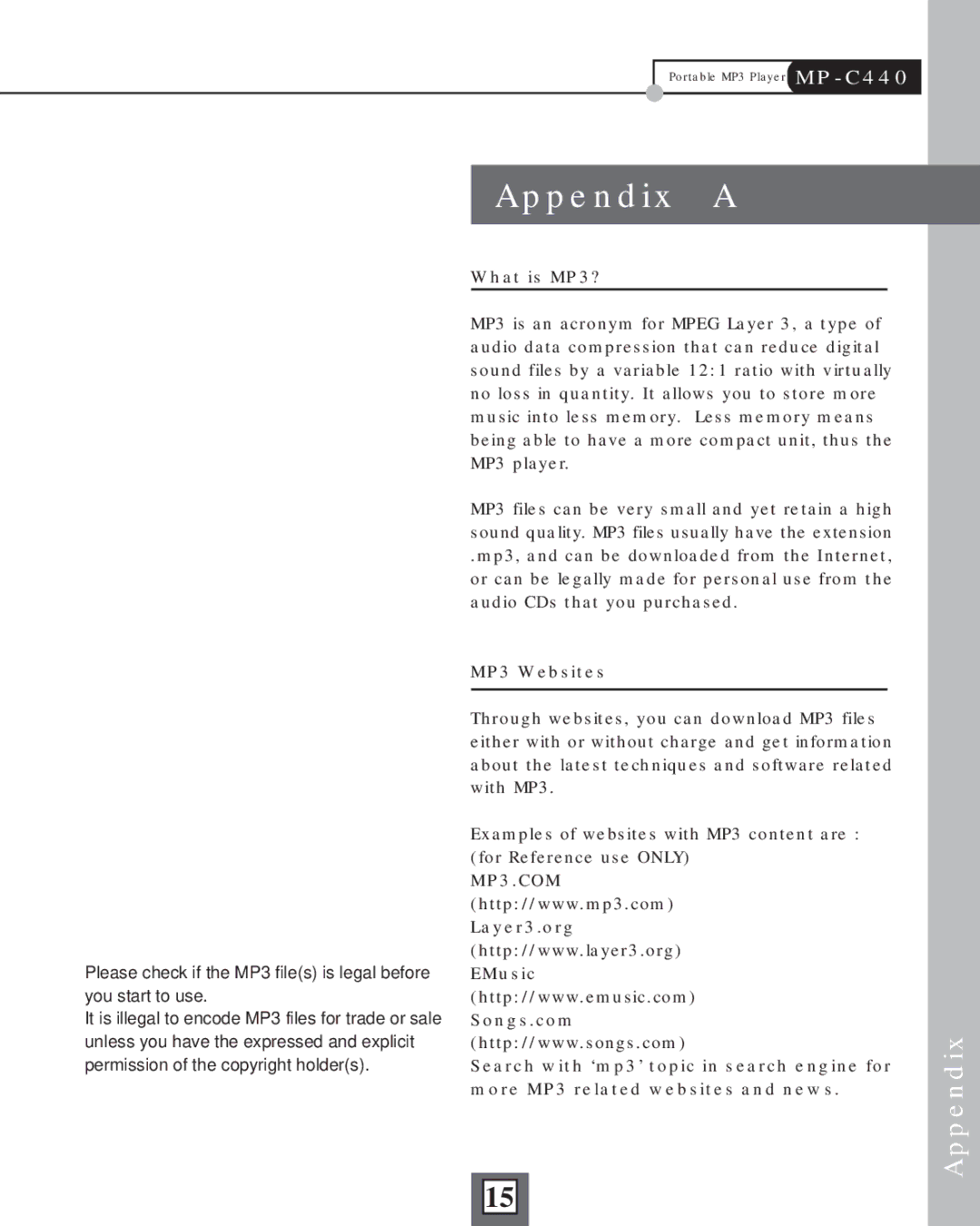 COBY electronic MP-C440 manual Appendix, What is MP3?, MP3 Websites, Layer3.org EMusic Songs.com 