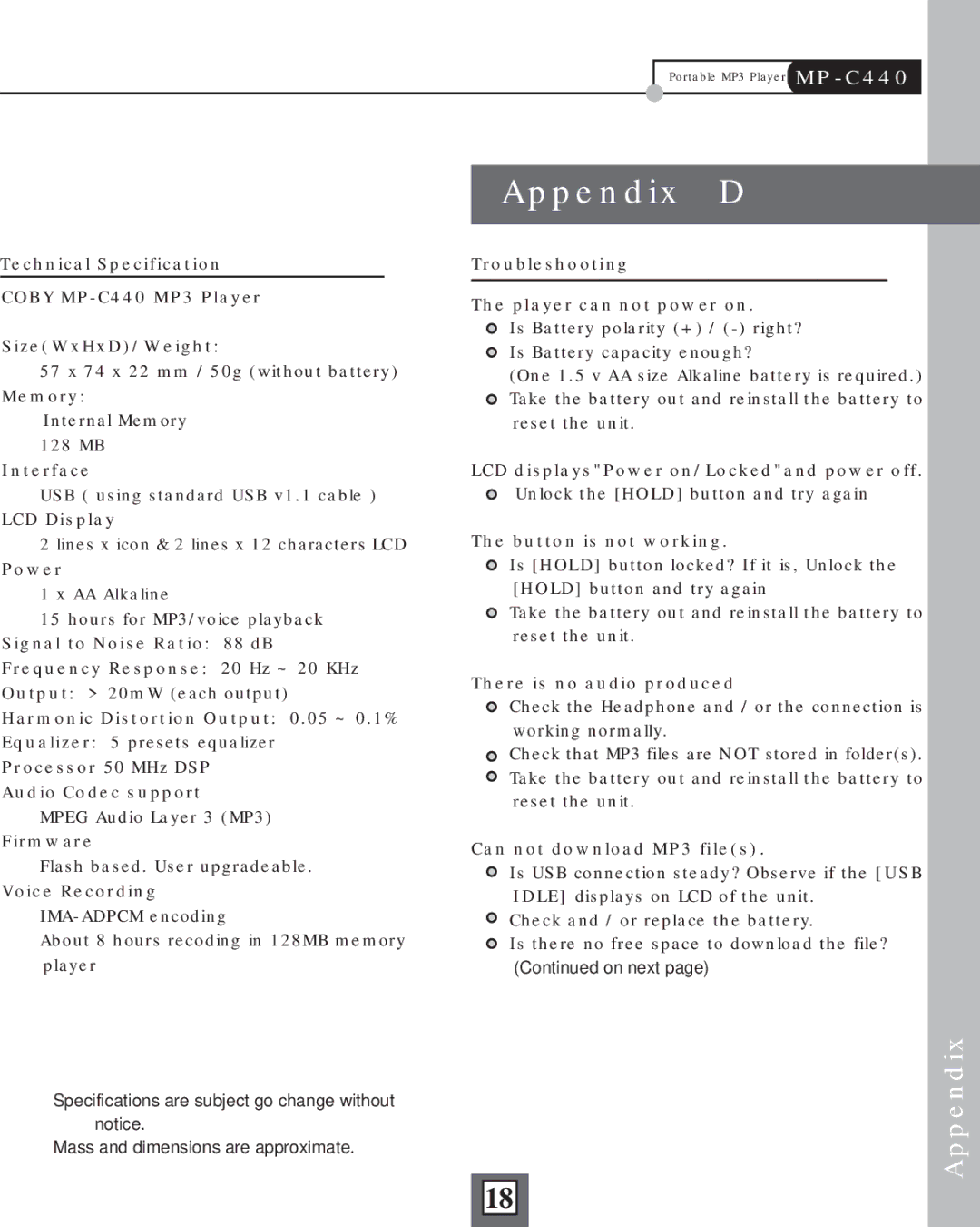 COBY electronic MP-C440 manual Appendix D 