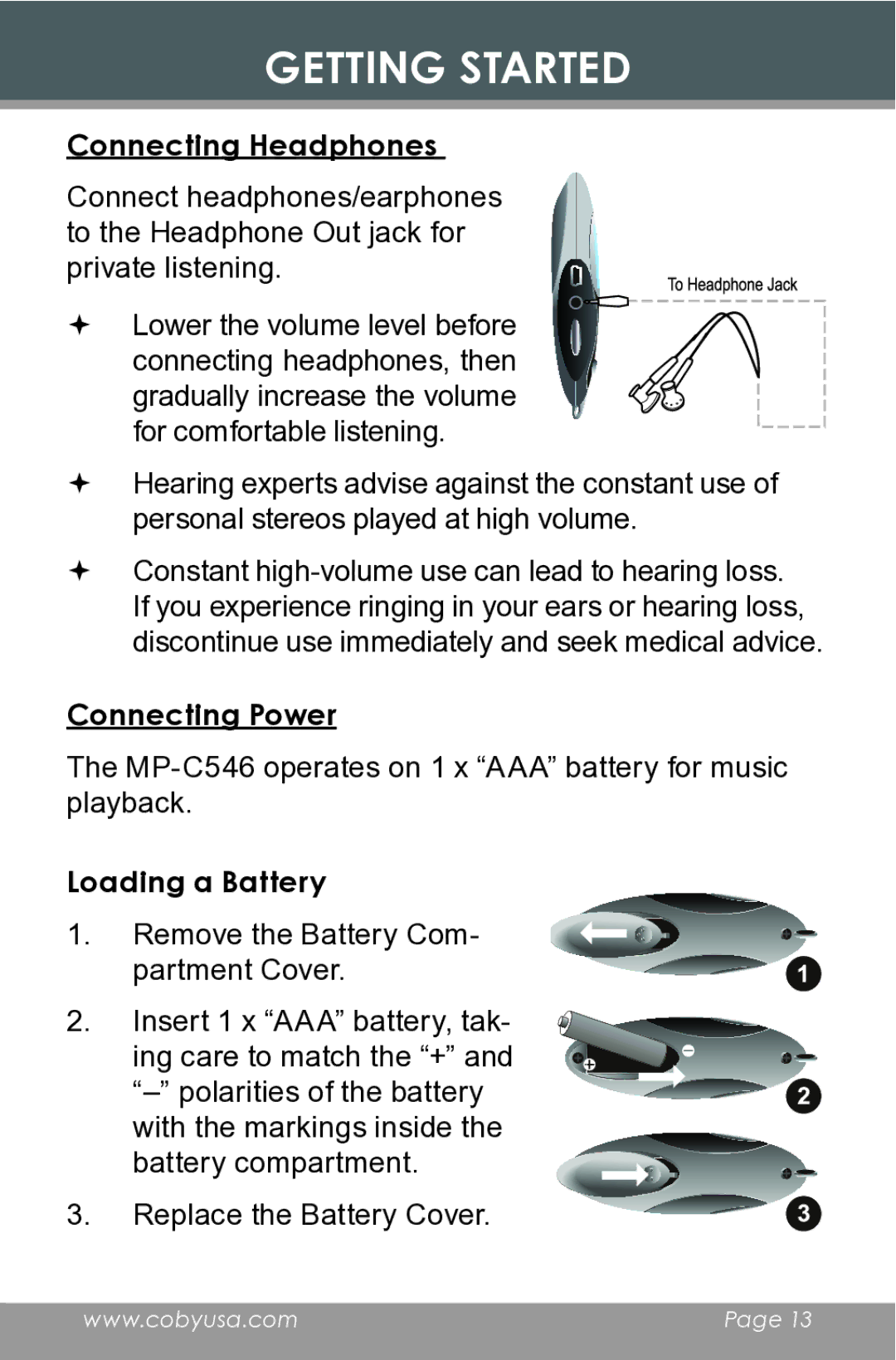 COBY electronic MP-C546 instruction manual Connecting Headphones, Connecting Power, Loading a Battery 