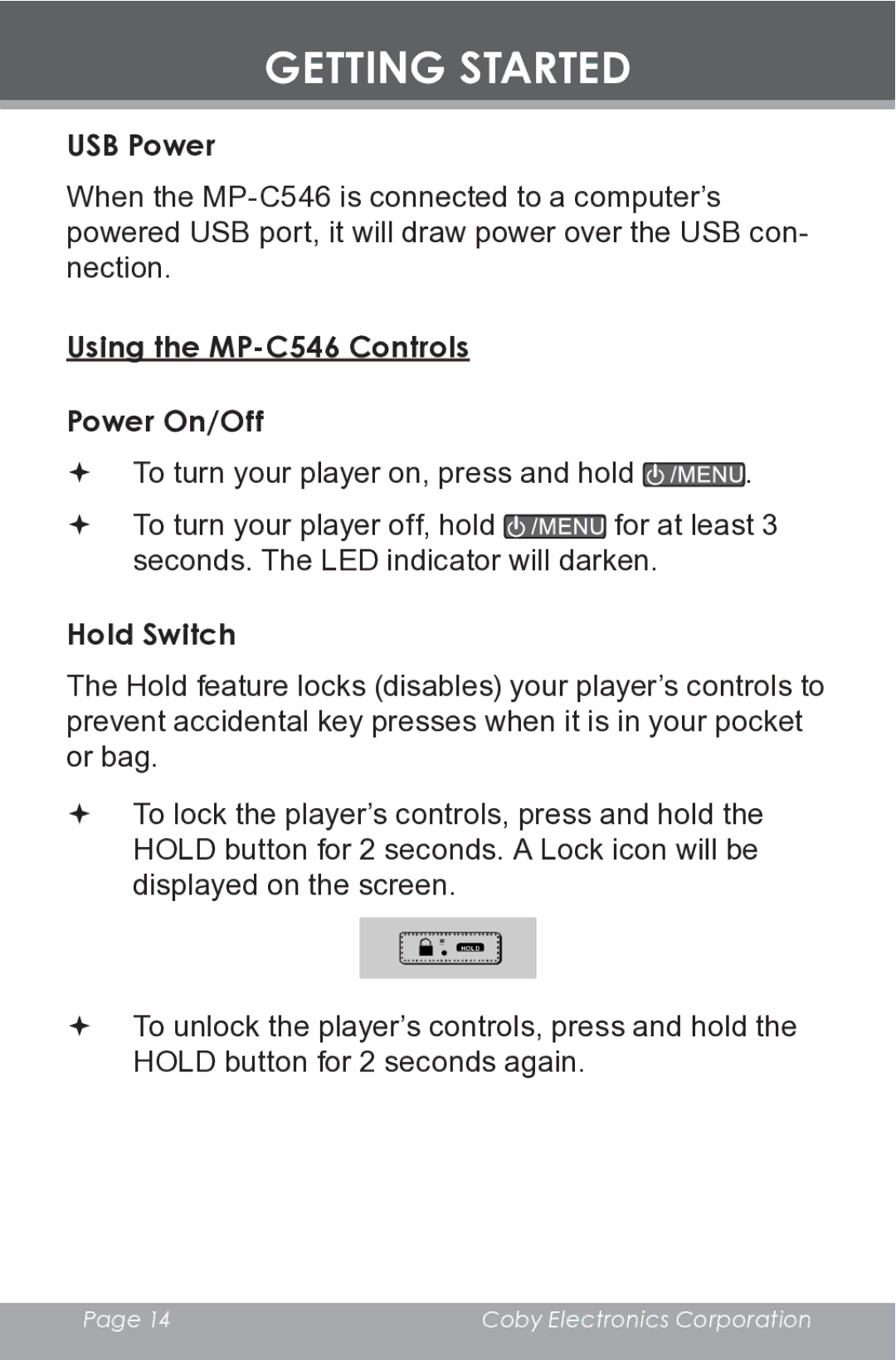 COBY electronic instruction manual USB Power, Using the MP-C546 Controls Power On/Off, Hold Switch 