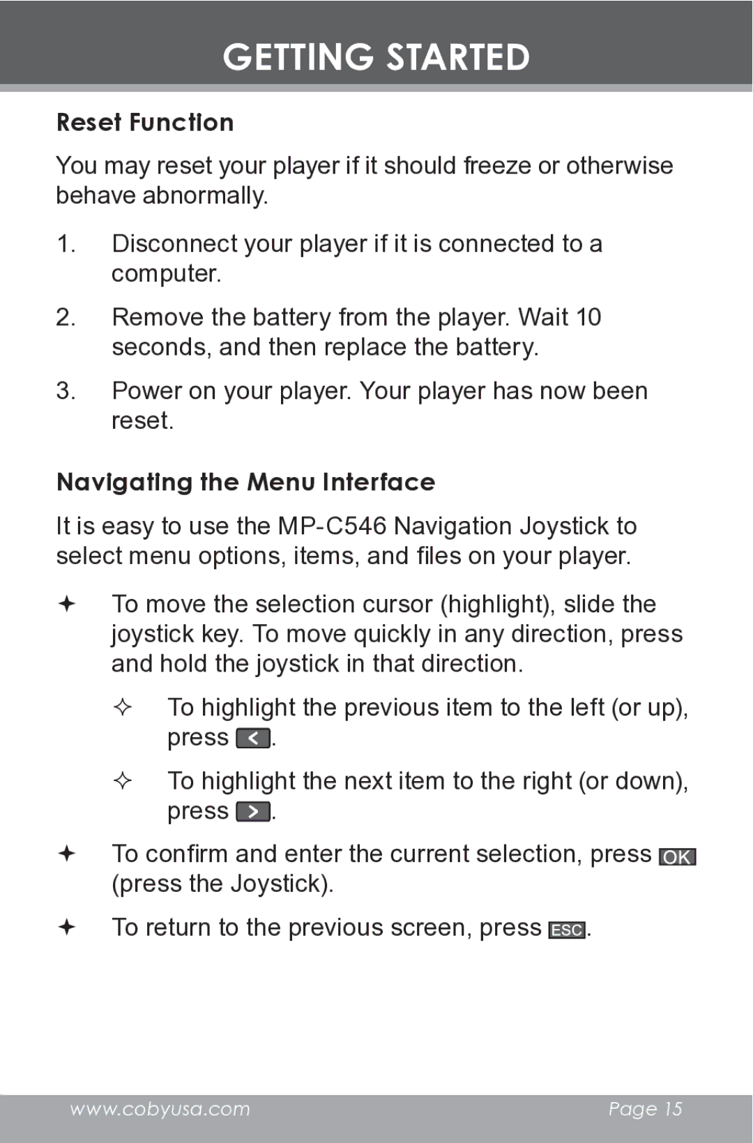 COBY electronic MP-C546 instruction manual Reset Function, Navigating the Menu Interface 