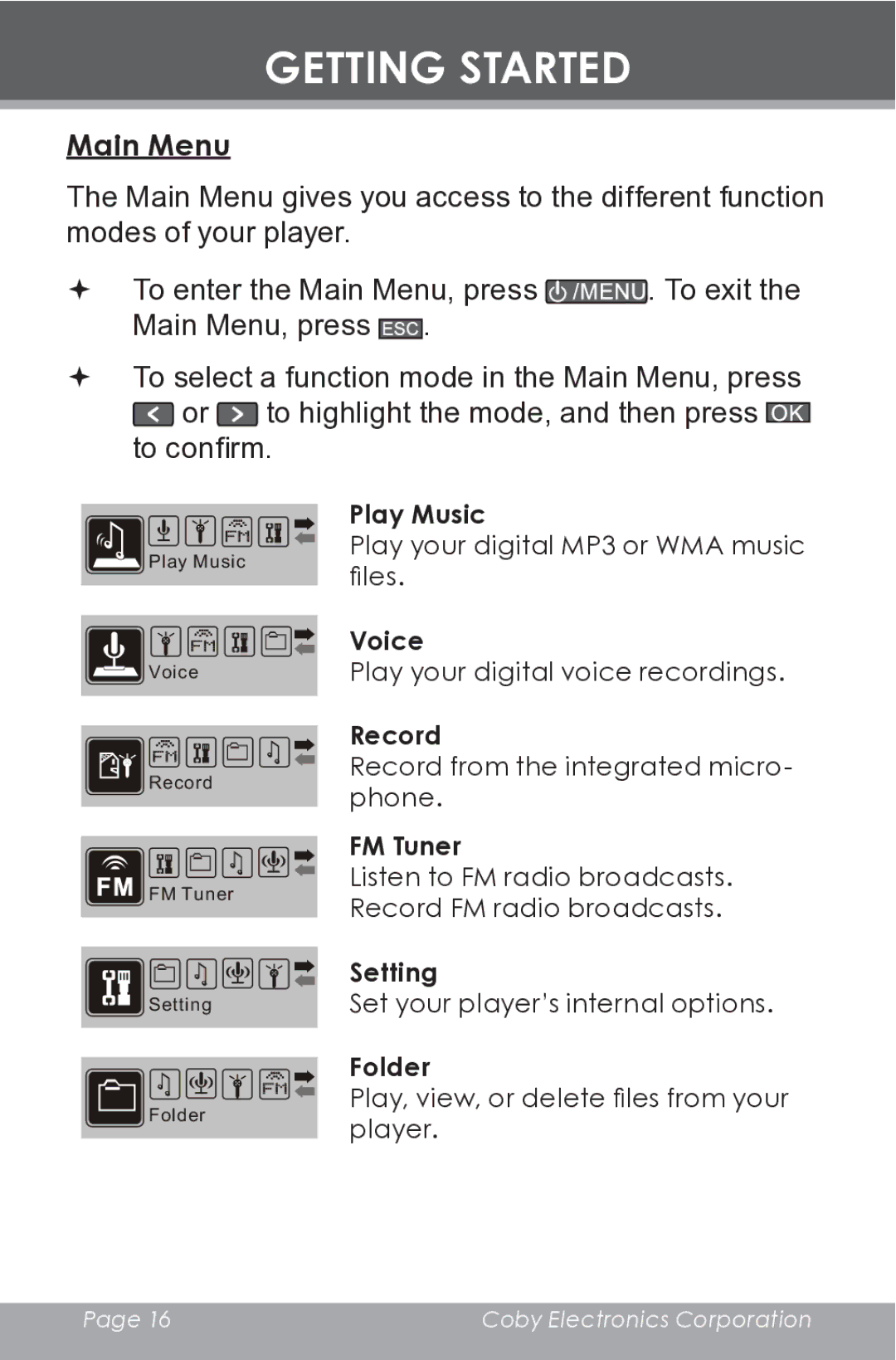 COBY electronic MP-C546 instruction manual Main Menu 