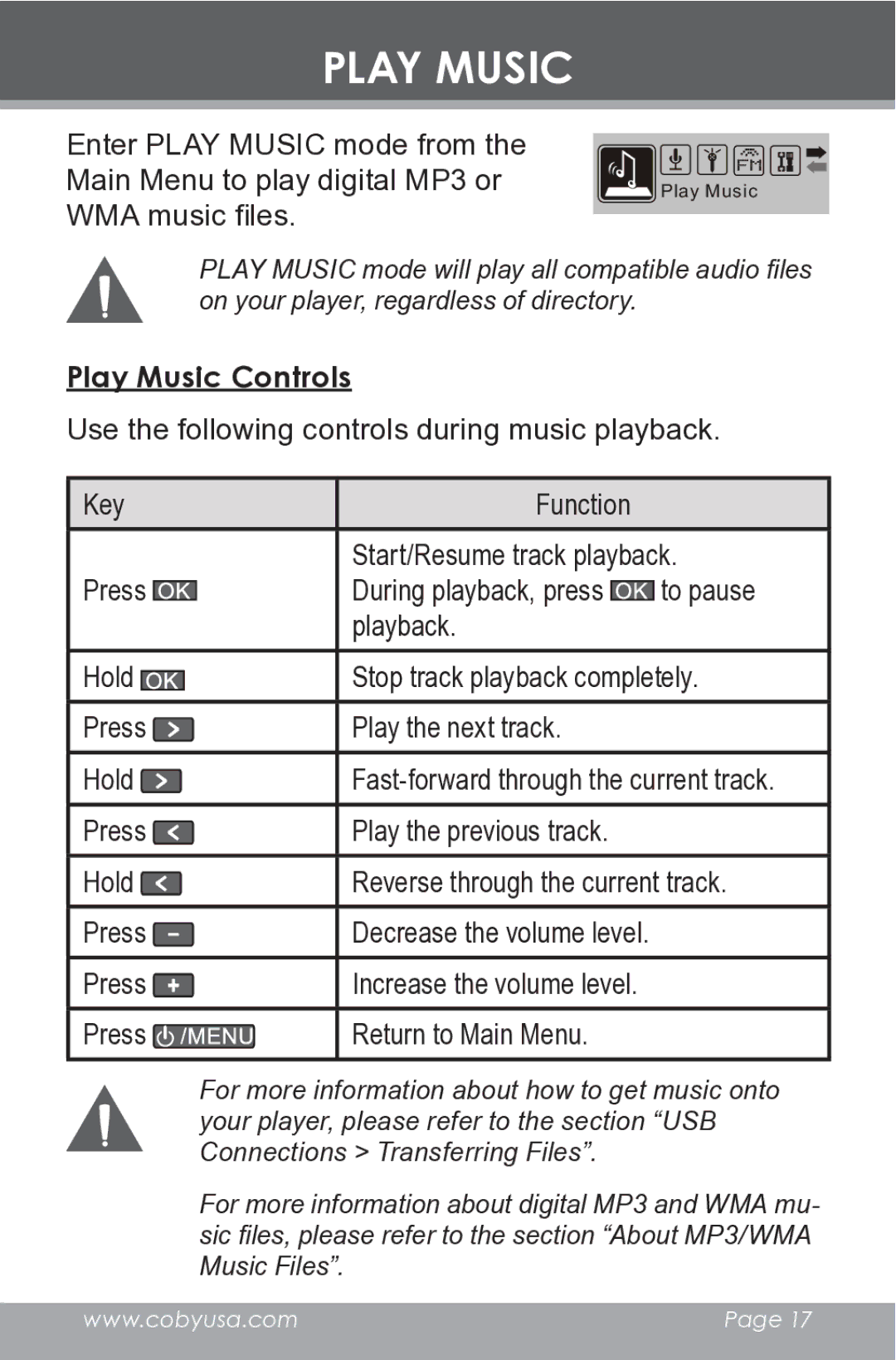 COBY electronic MP-C546 instruction manual Play Music Controls 