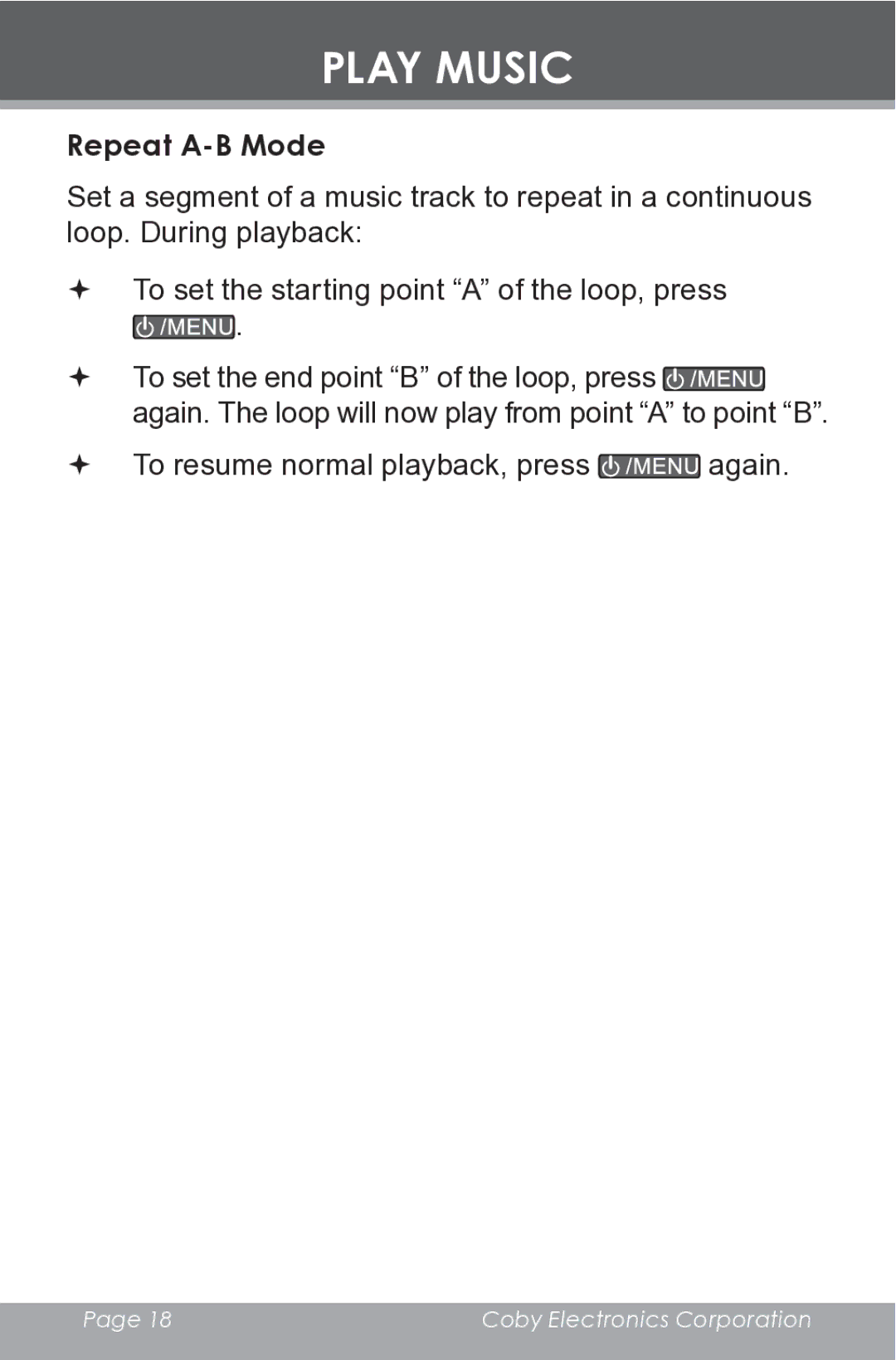 COBY electronic MP-C546 instruction manual Repeat A-B Mode 