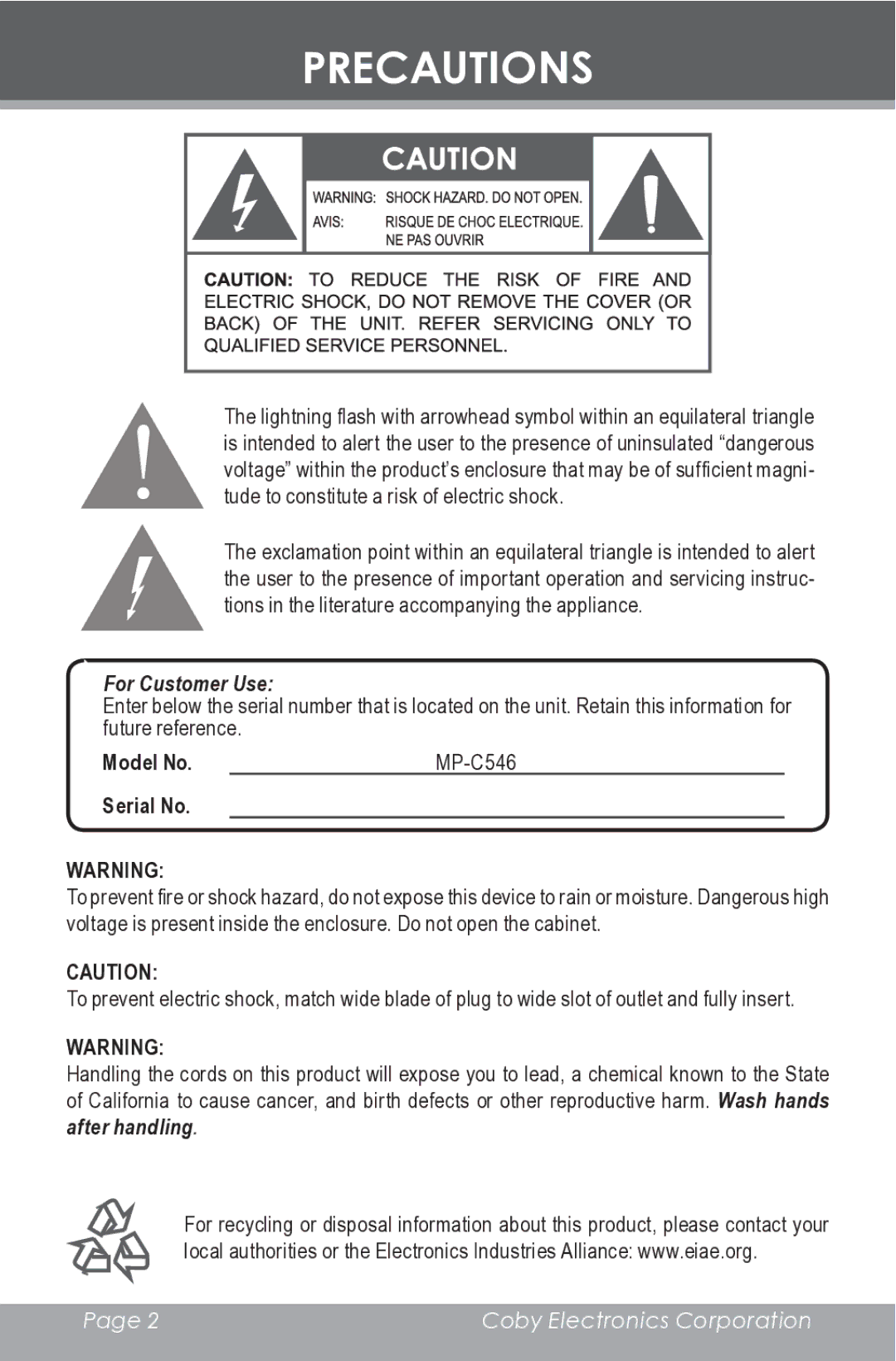 COBY electronic MP-C546 instruction manual Precautions, For Customer Use 