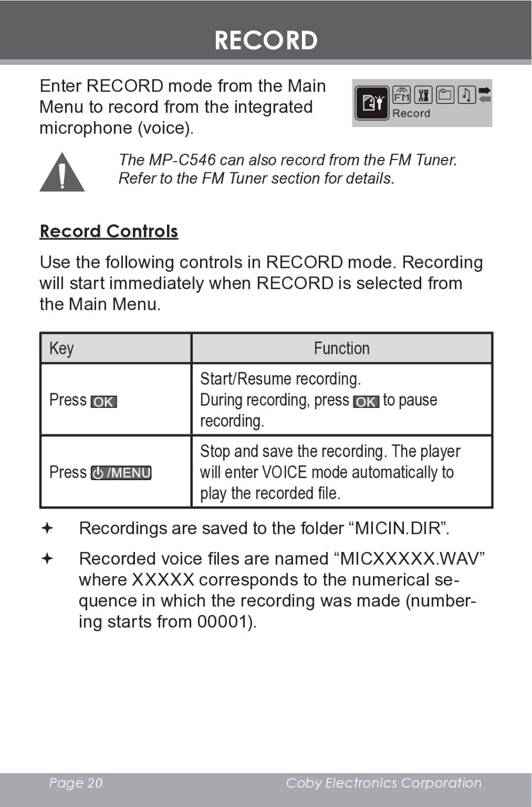 COBY electronic MP-C546 instruction manual Record Controls 