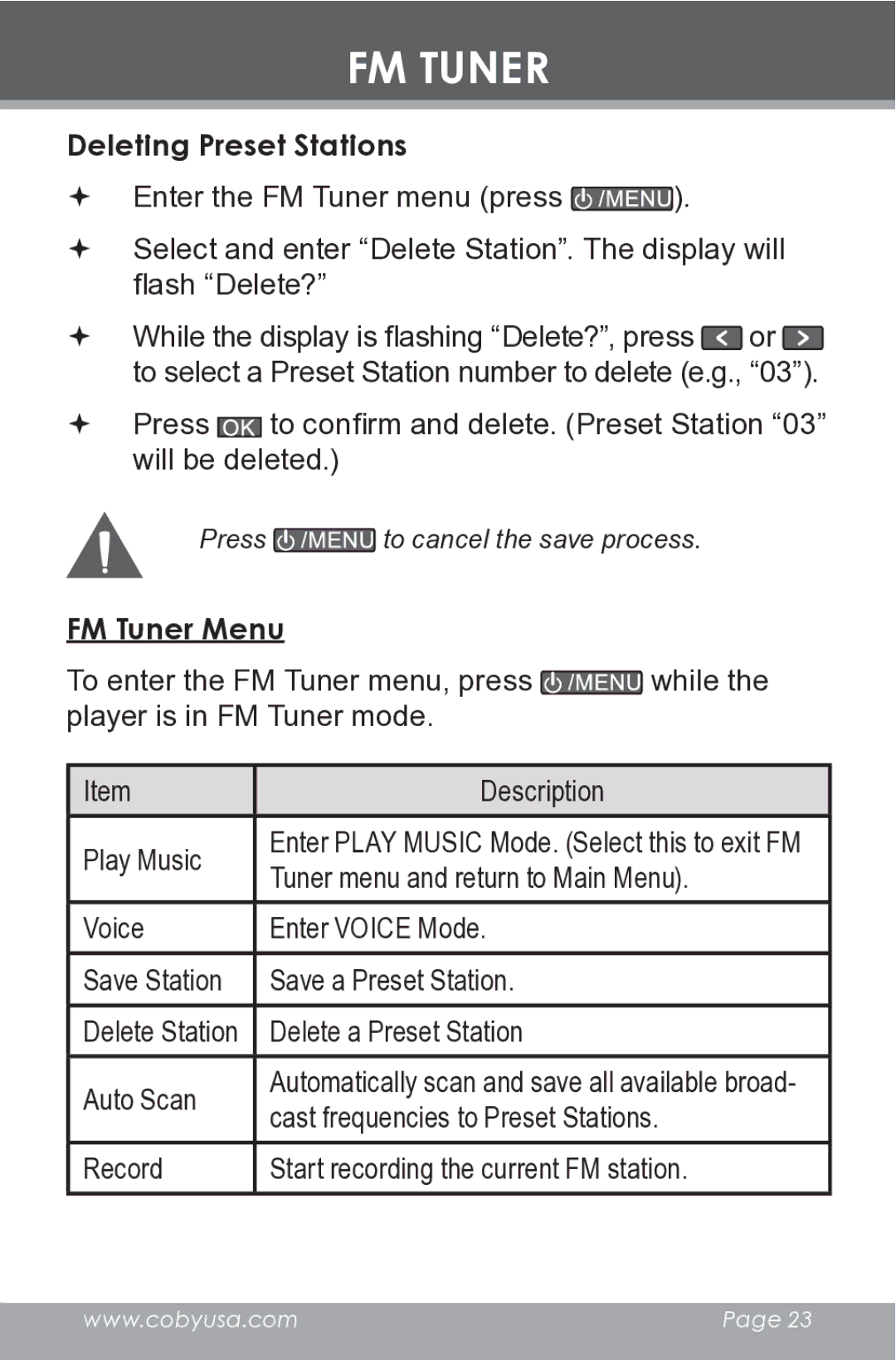 COBY electronic MP-C546 instruction manual Deleting Preset Stations, FM Tuner Menu 