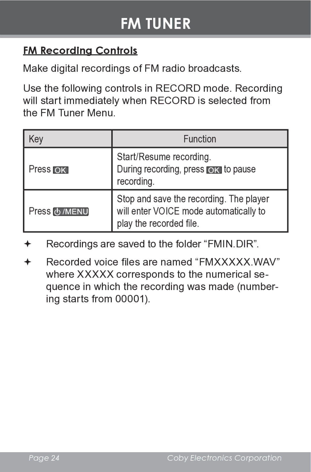 COBY electronic MP-C546 instruction manual FM Recording Controls 